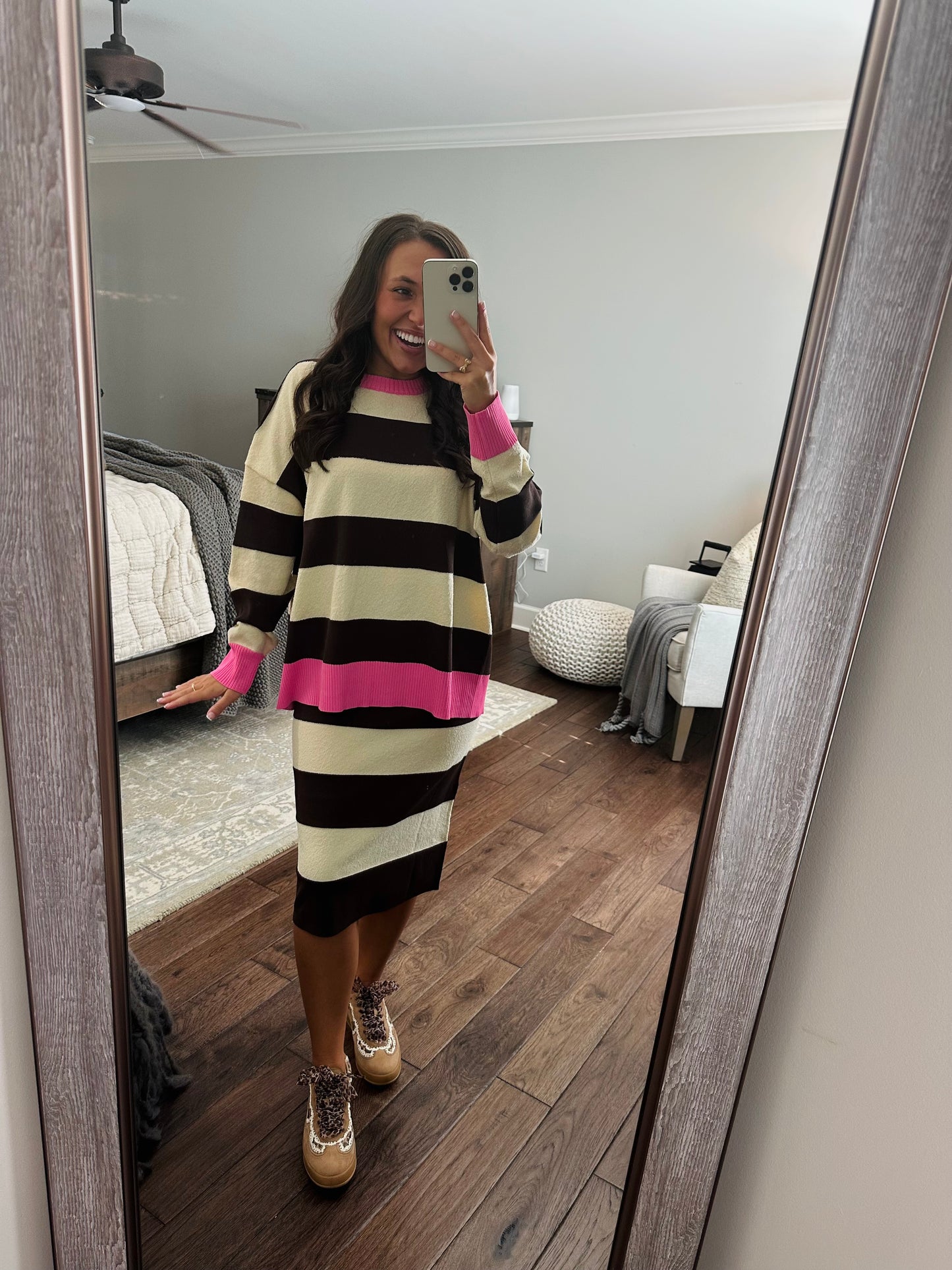 The Everlee Pink + Cream Striped Knit Sweater Top