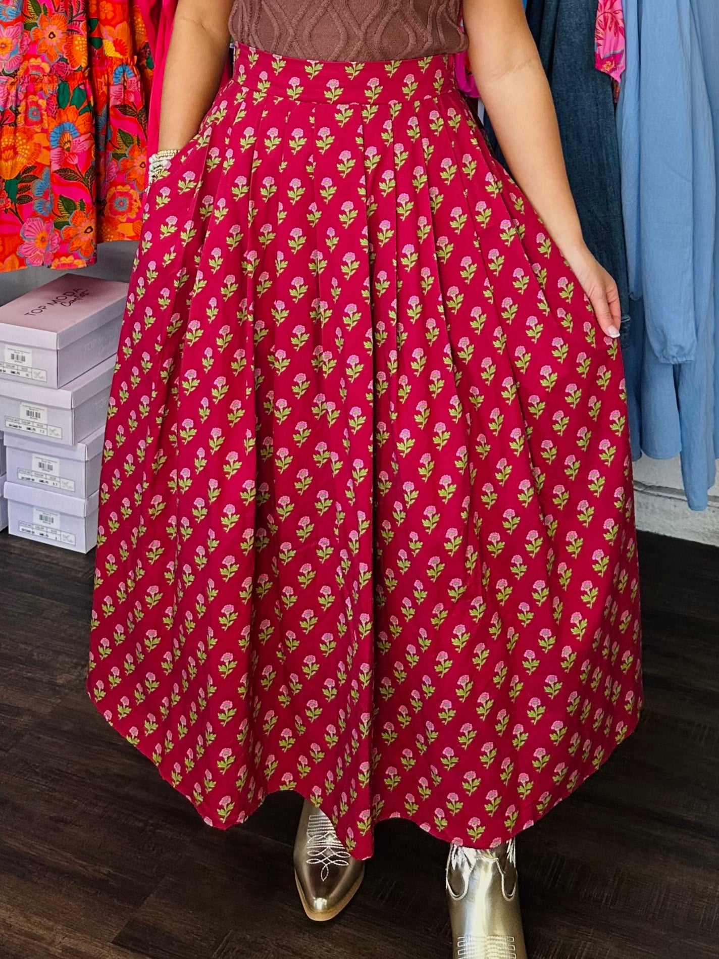 The Austin Burgundy Floral Midi Skirt