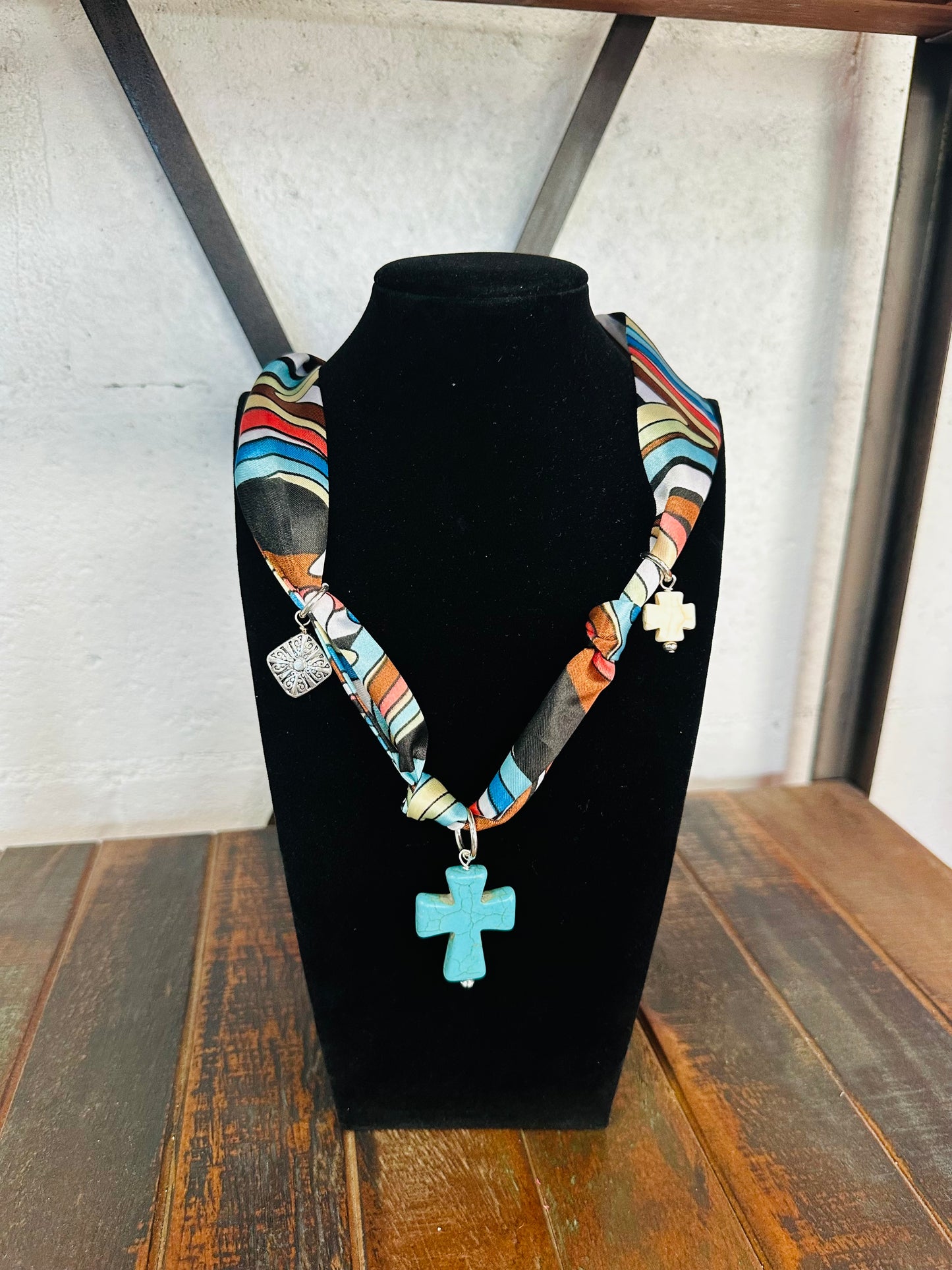 Golden Oasis Cross Silk Scarf Necklace