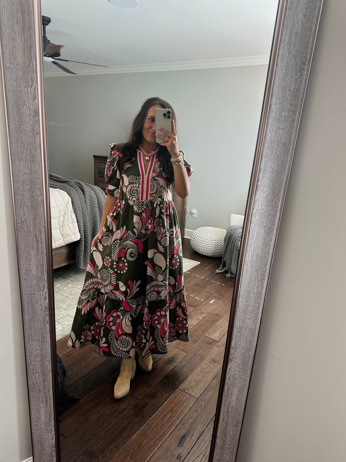 The Anne Olive Green + Pink Midi Dress