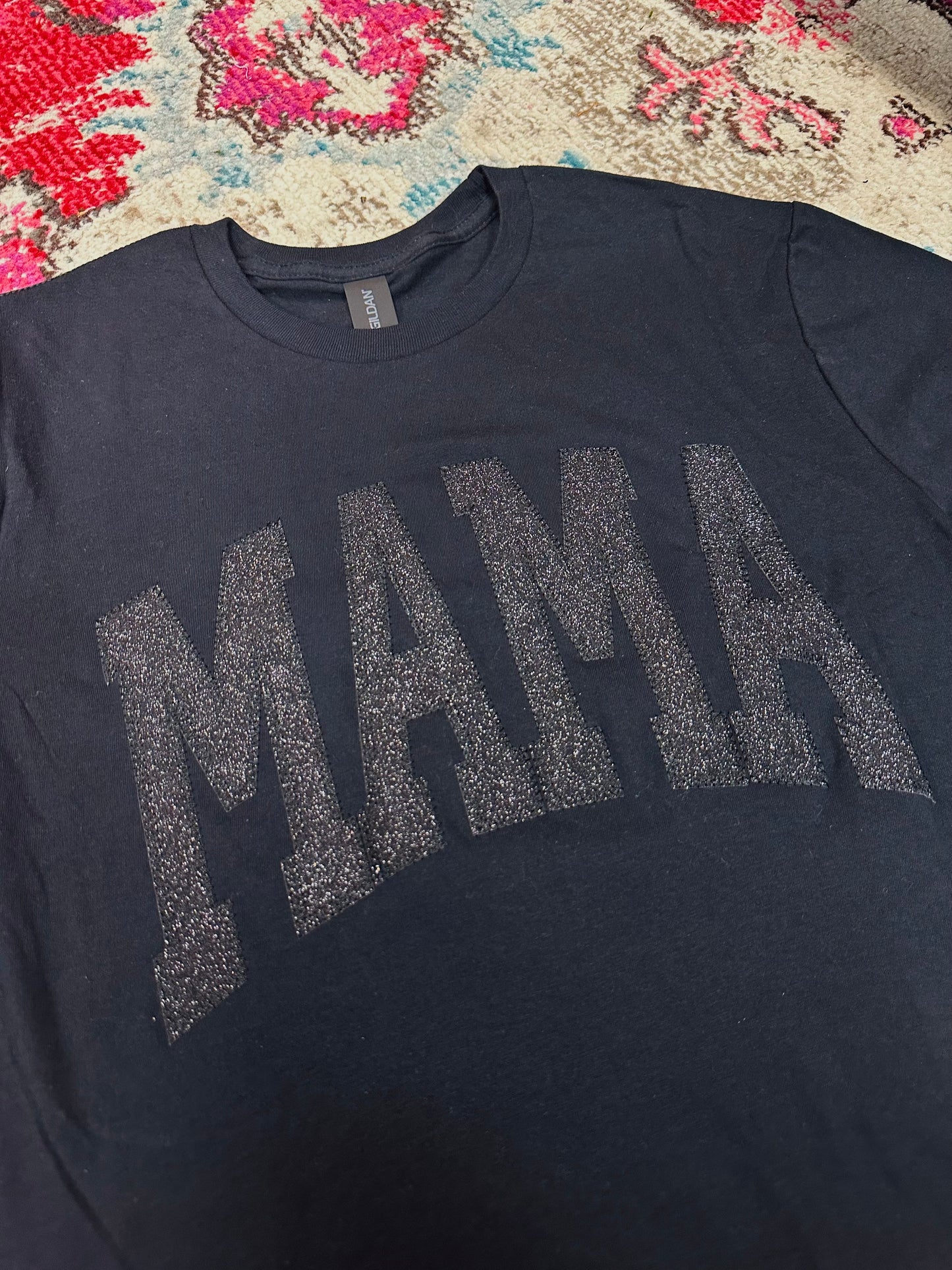Mama Embroidered Black Sequin Tee