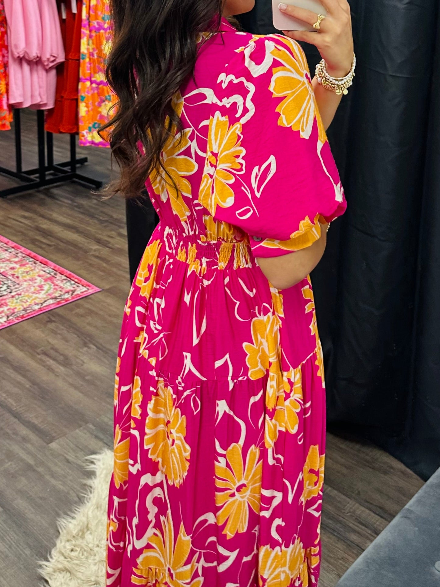 The Annamae Hot Pink Floral Midi Dress