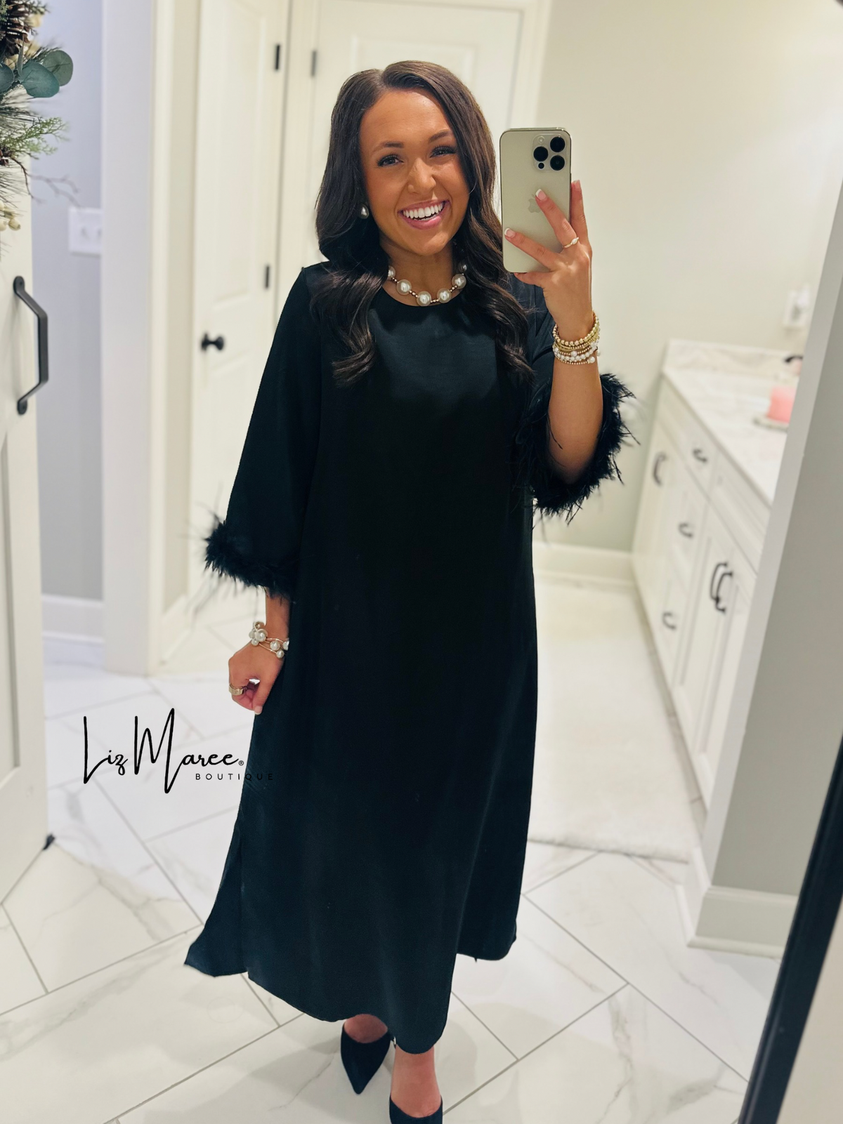 The Clara Black Feather Trim Midi Dress