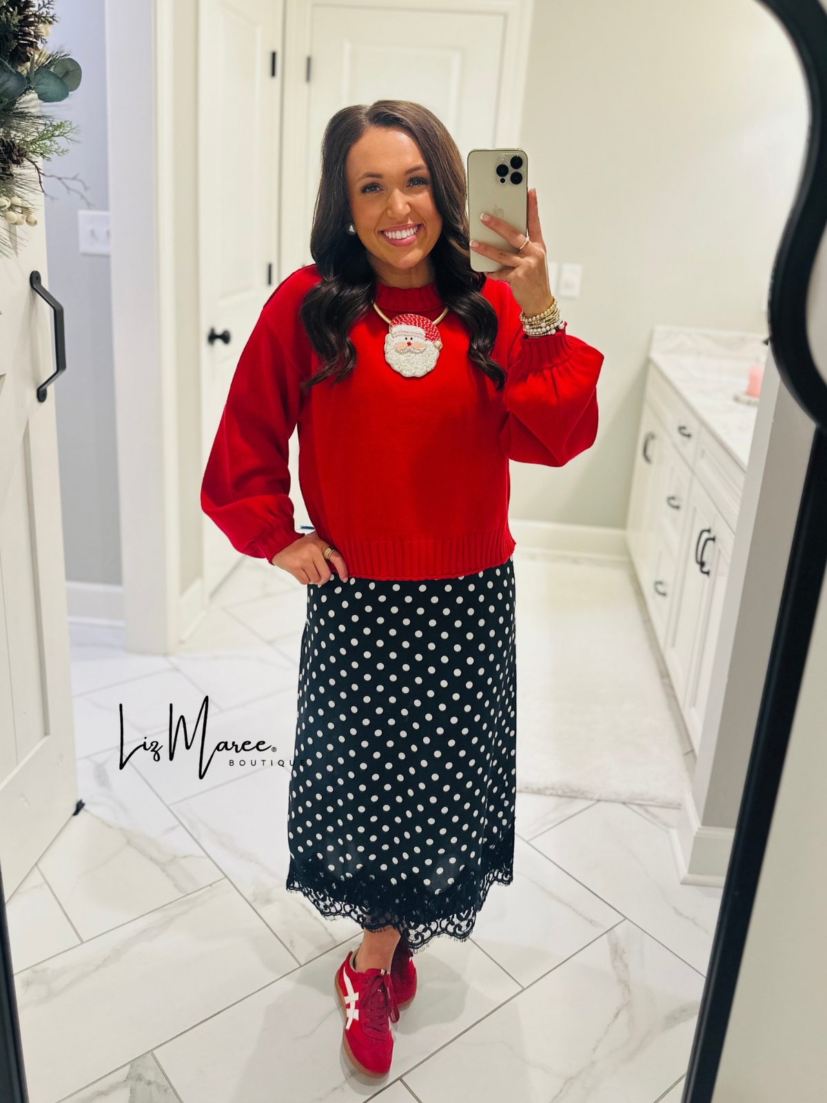 The Black Polka Dot Lace Trim Satin Midi Skirt