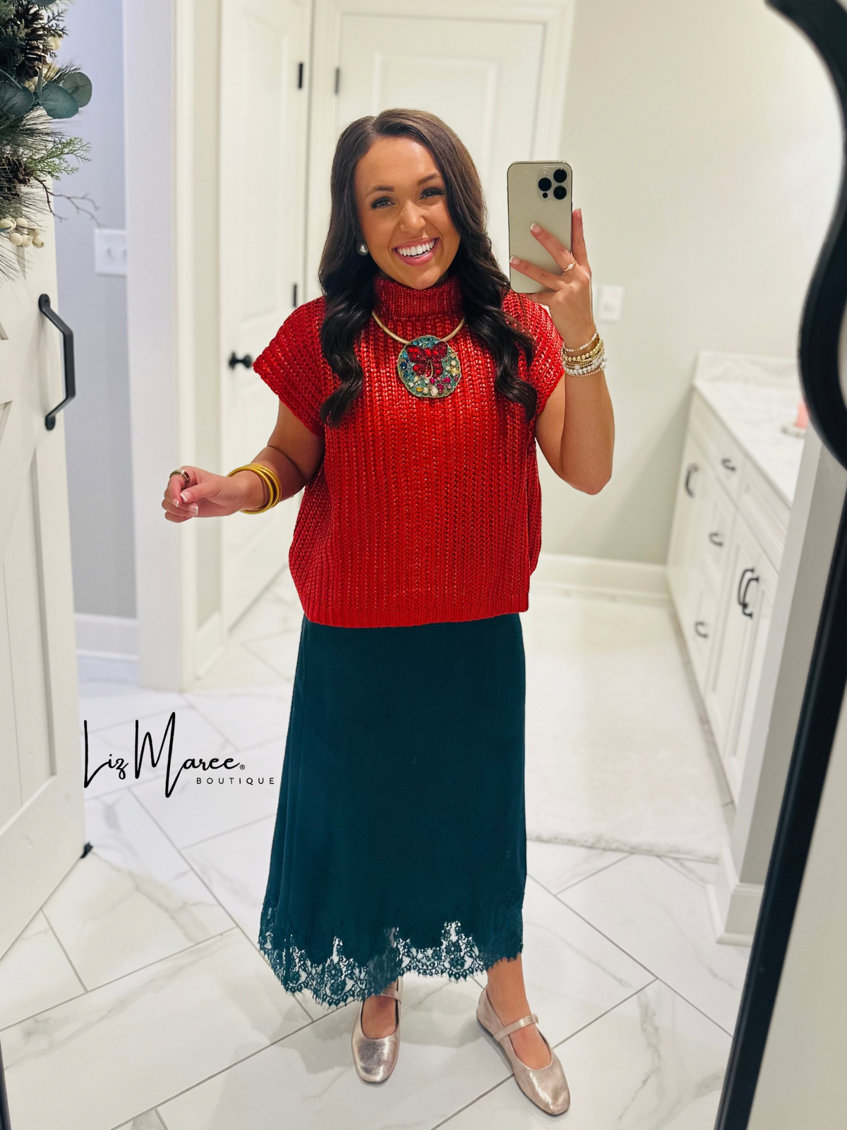 The Dallas Hunter Green Satin Lace Midi Skirt