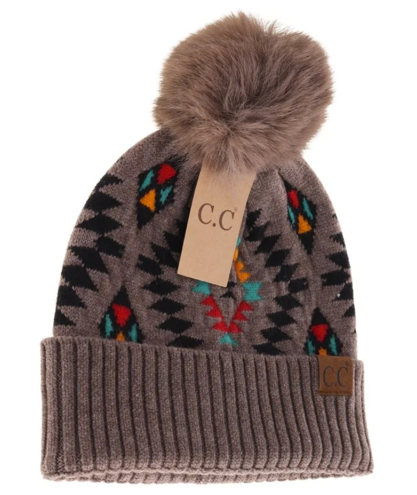 Aztec Patterned Faux Fur Pom C.C Beanie