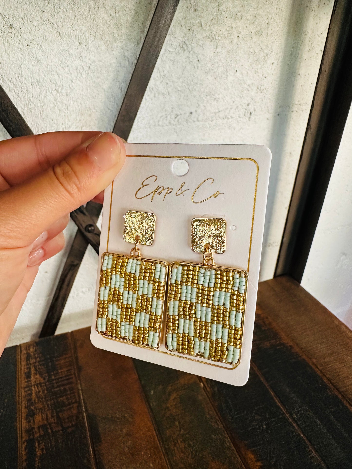 Mint and Gold Beaded Check