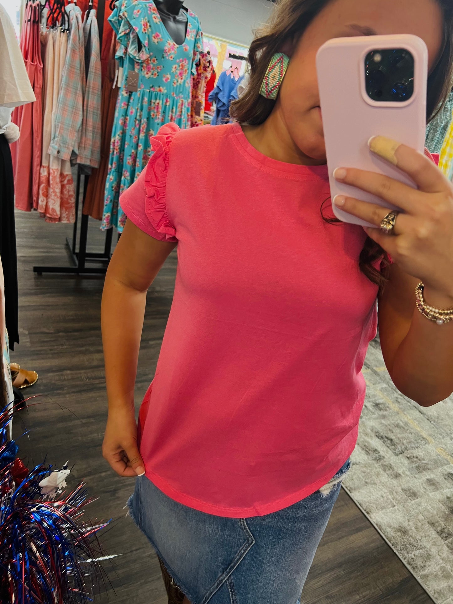 The Brooke Solid Pink Ruffle Shoulder Top