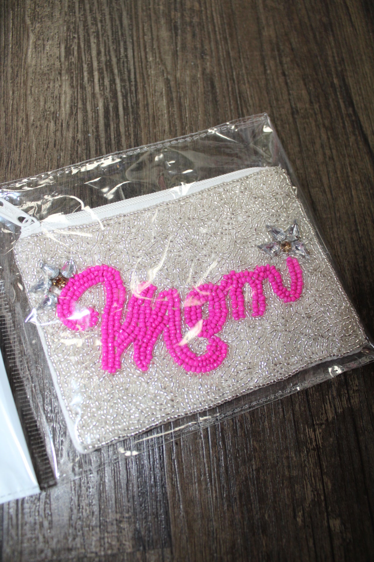 Silver Mom Beaded Pouch