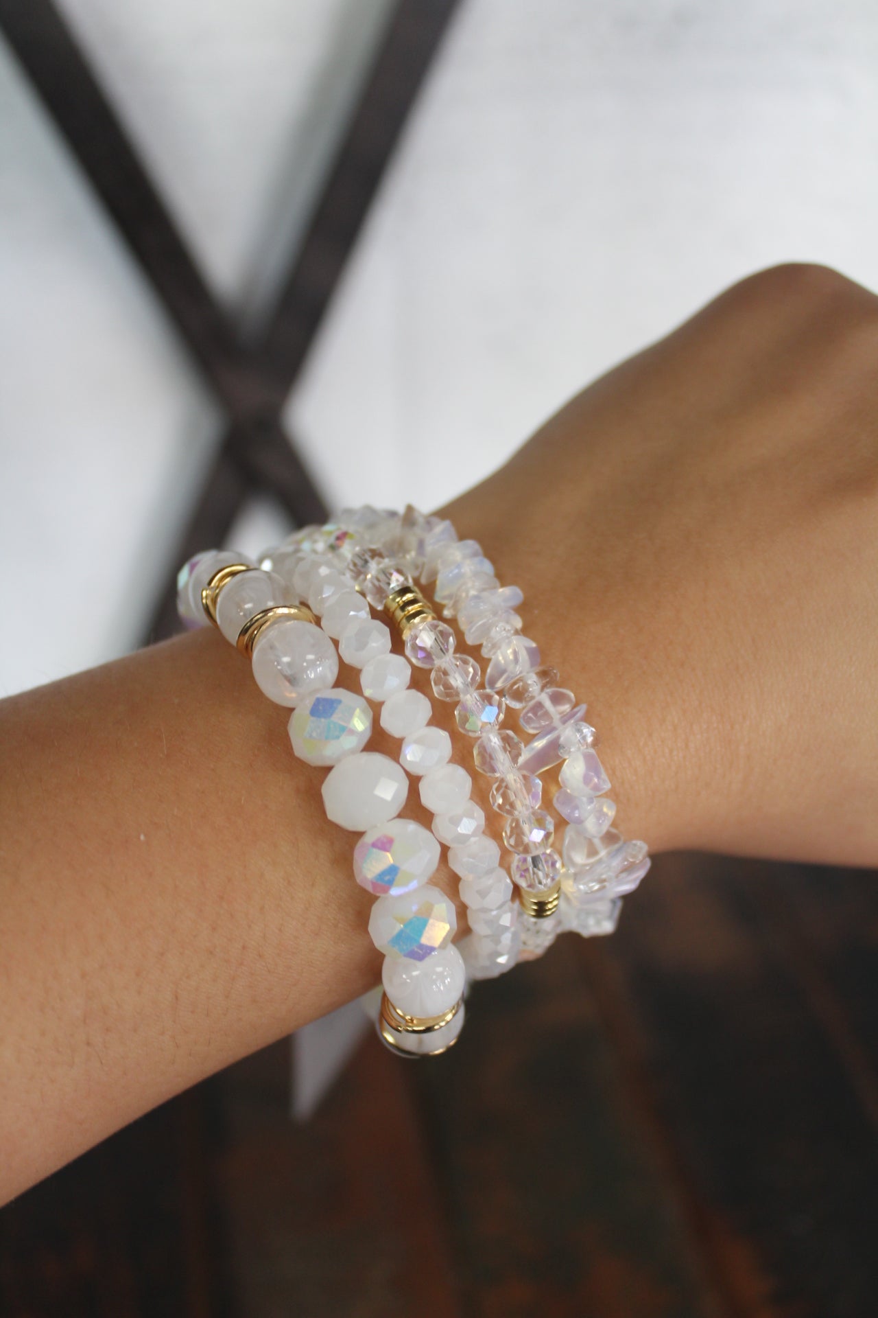 White Tassel Stretch Beaded Bracelet Stack
