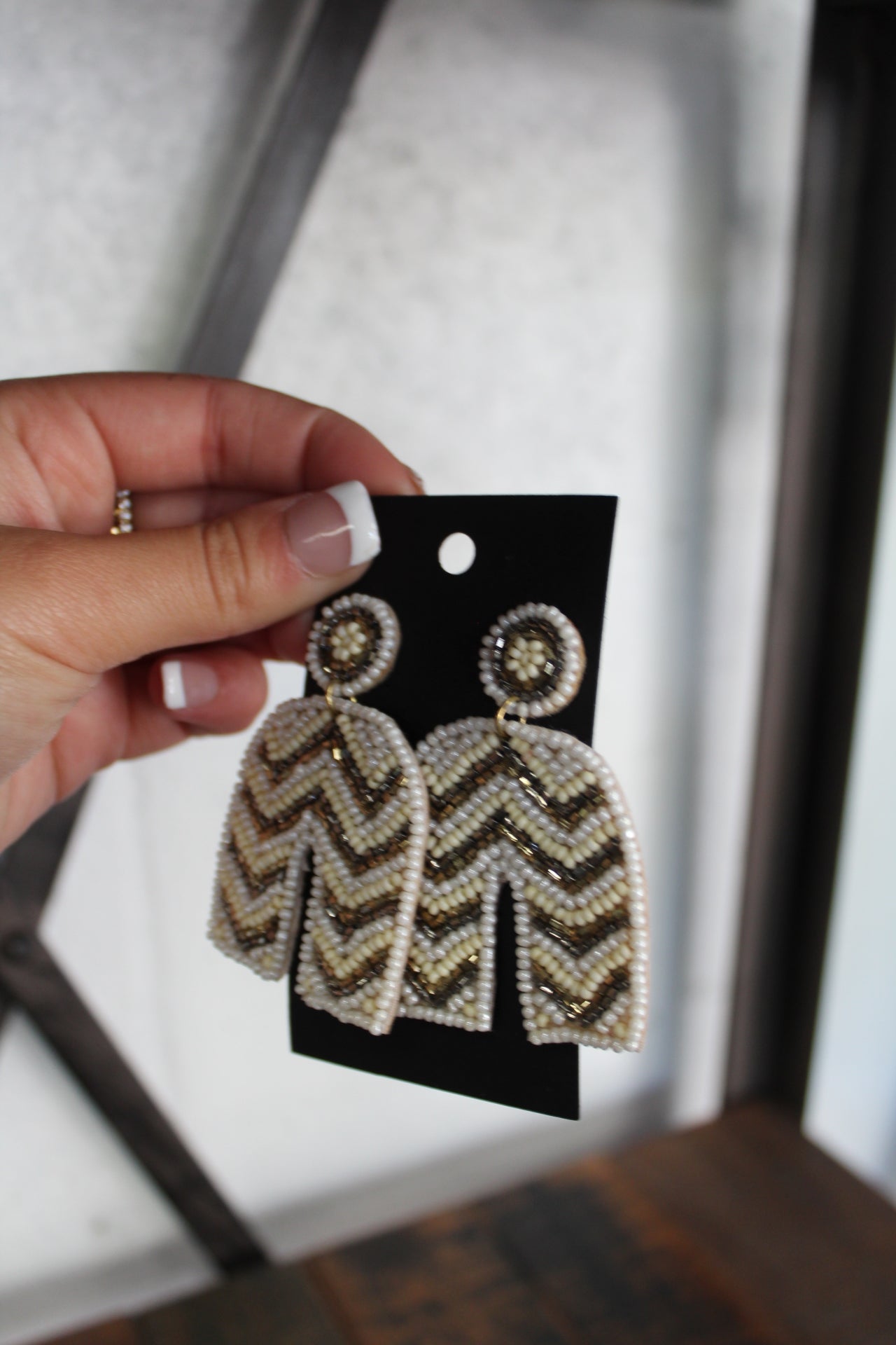 Ivory Striped Beaded Horseshoe Dangle Earrings