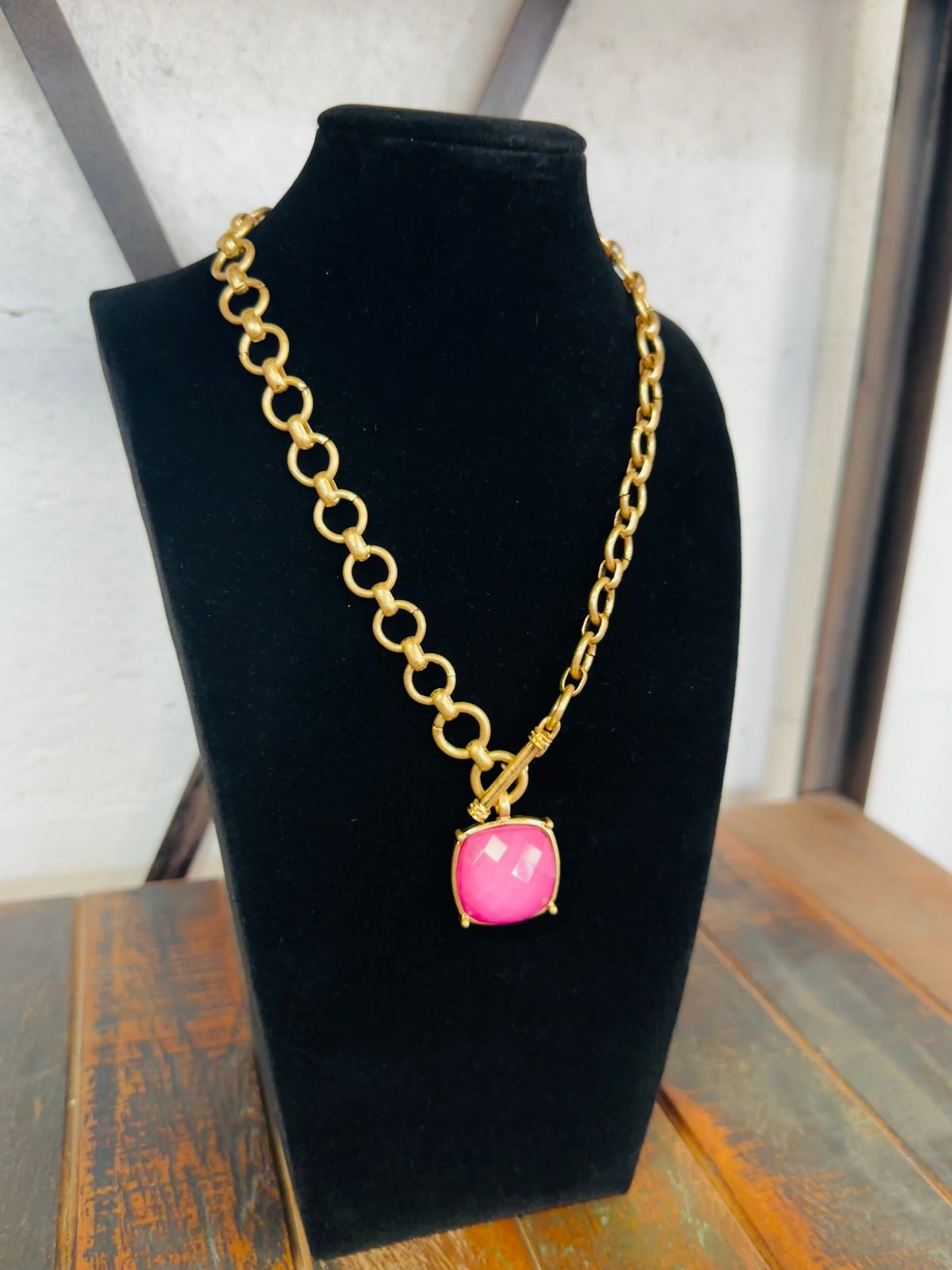 Pink Square Stone Pendant Necklace