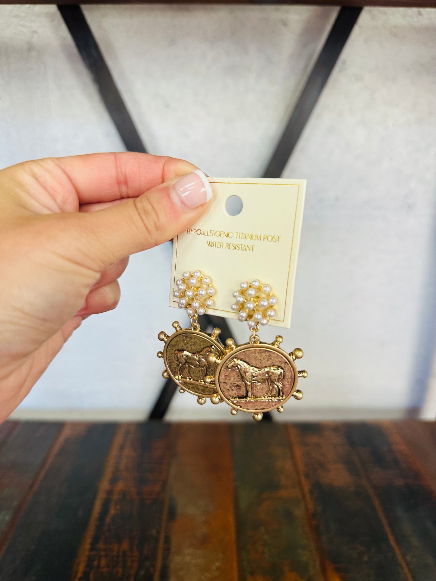 Gold Horse Coin & Pearl Drop Earrings