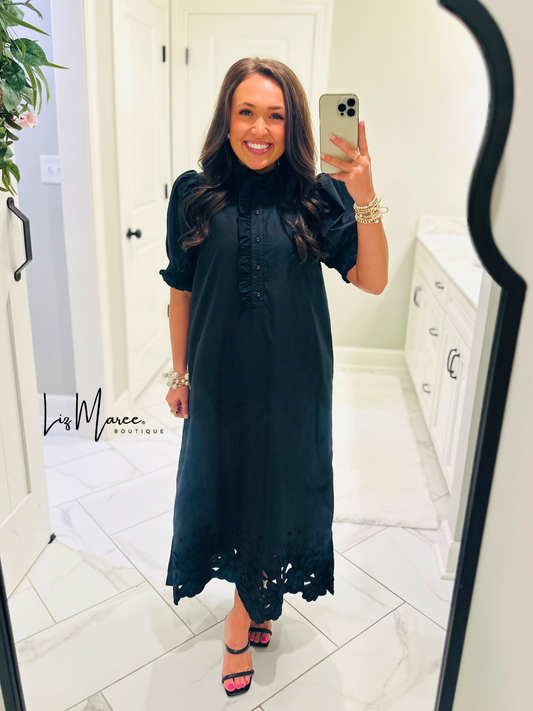 The Blakeley Black Embroidered Scallop Midi Dress