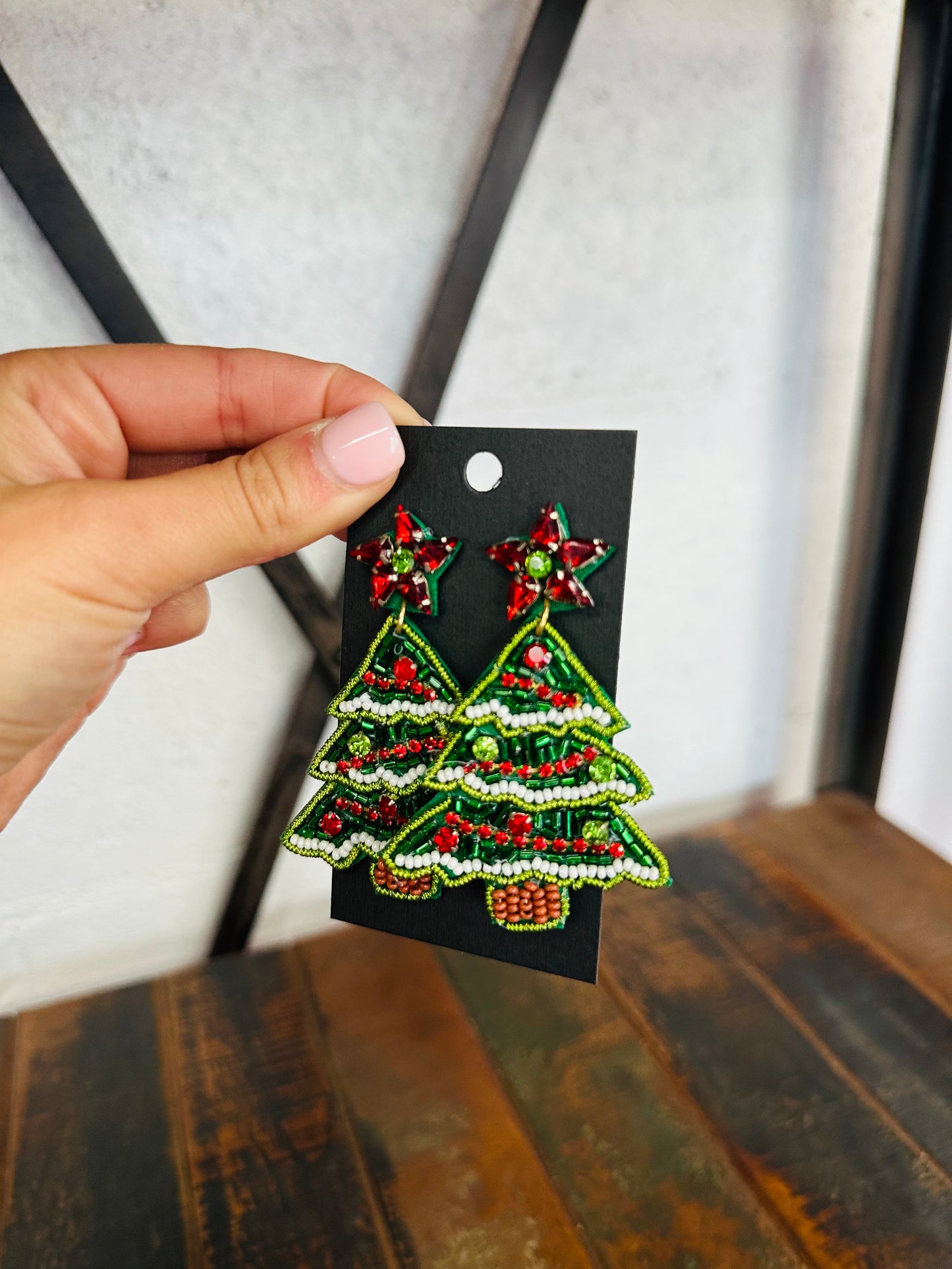 Green + Red Christmas Tree Beaded Earring
