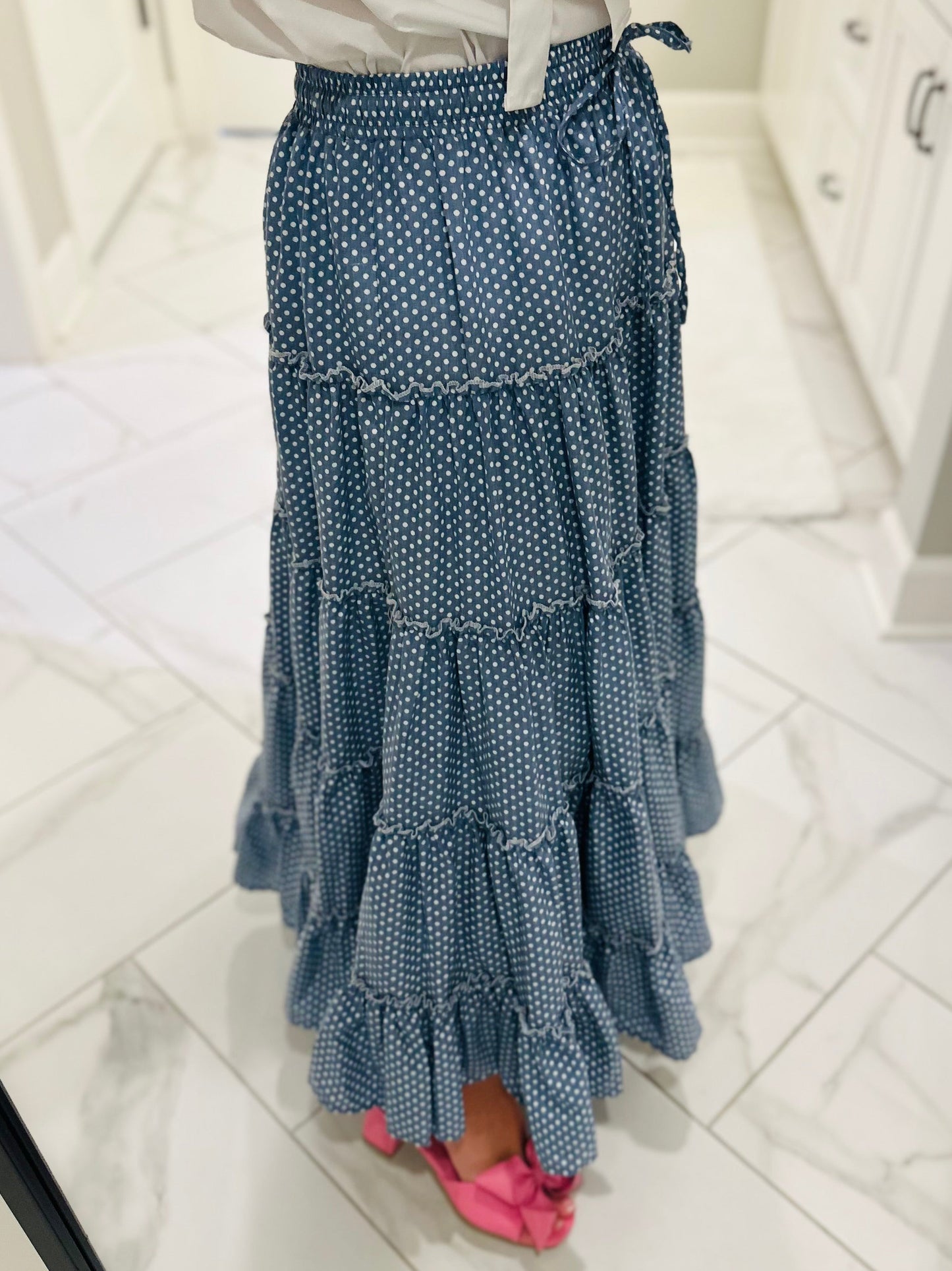 The Shelby Denim Polka Dot Maxi Skirt