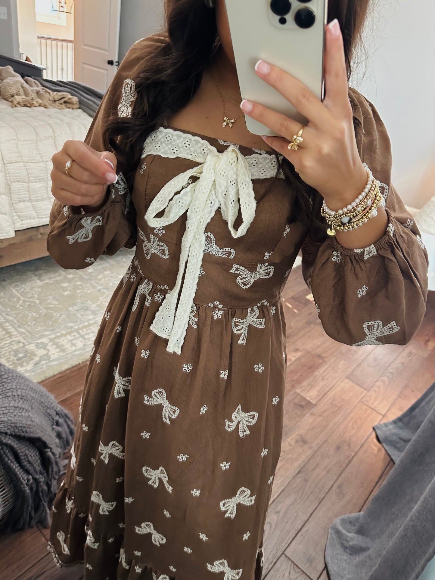 The Bruna Brown Bow Embroidered Midi Dress