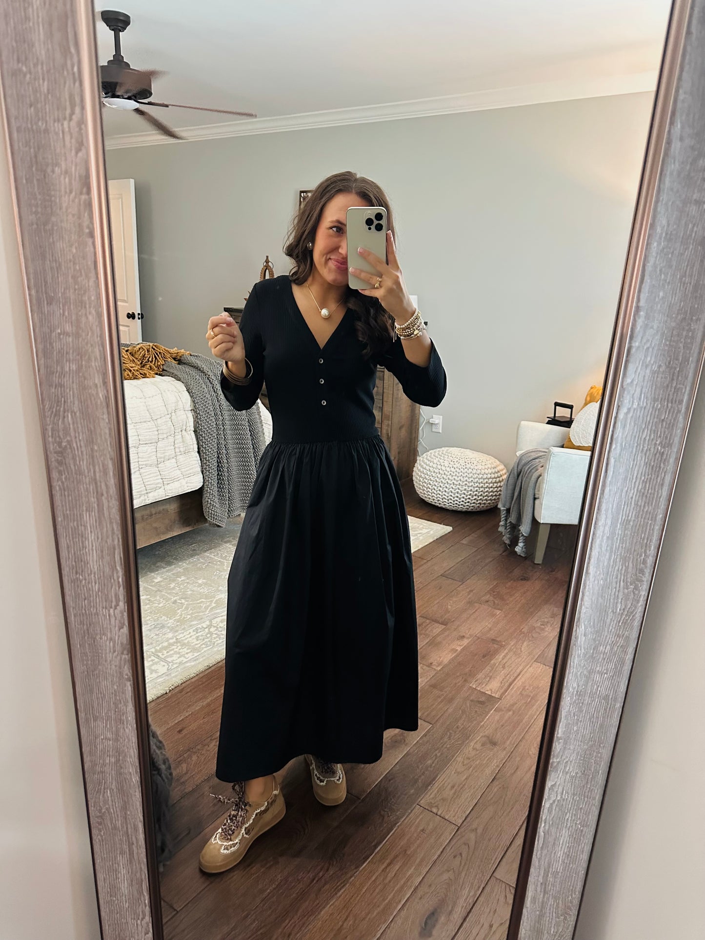 The Shelley Black Mix Knit Midi Dress