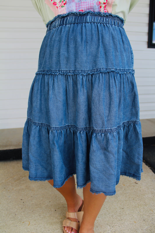 The Ashley Tiered Frayed Denim Skirt