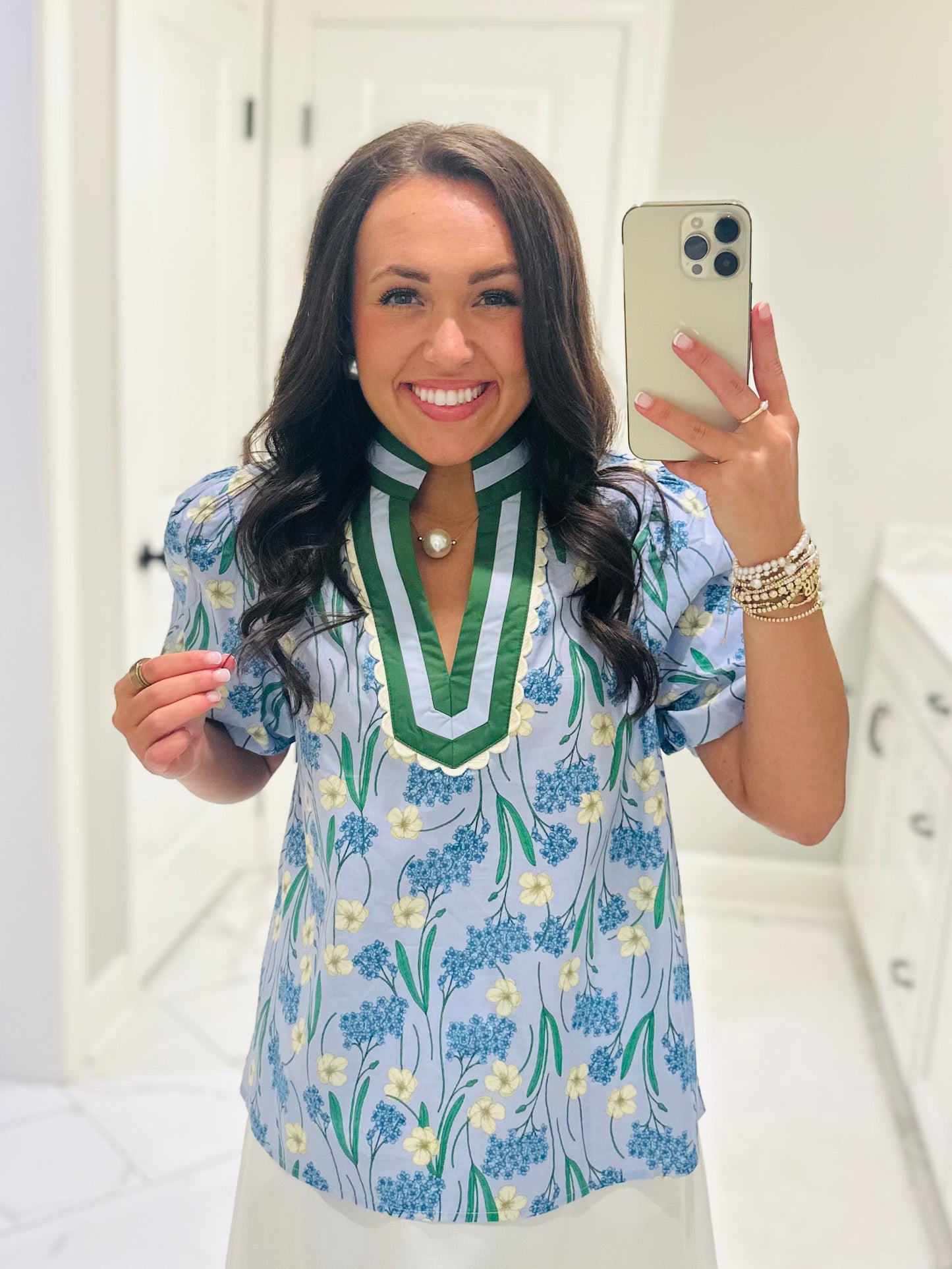 The Poppy Blue Floral Scallop Trim Top