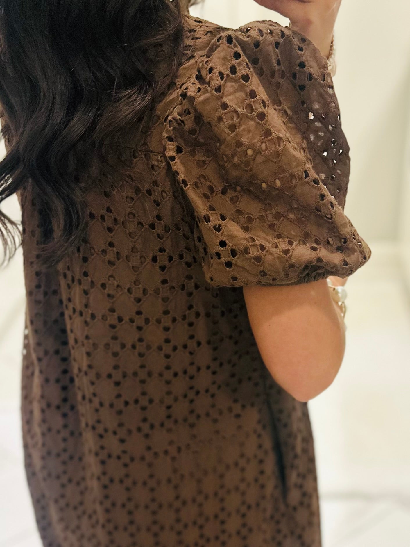 The Liz Brown Eyelet Midi Dress