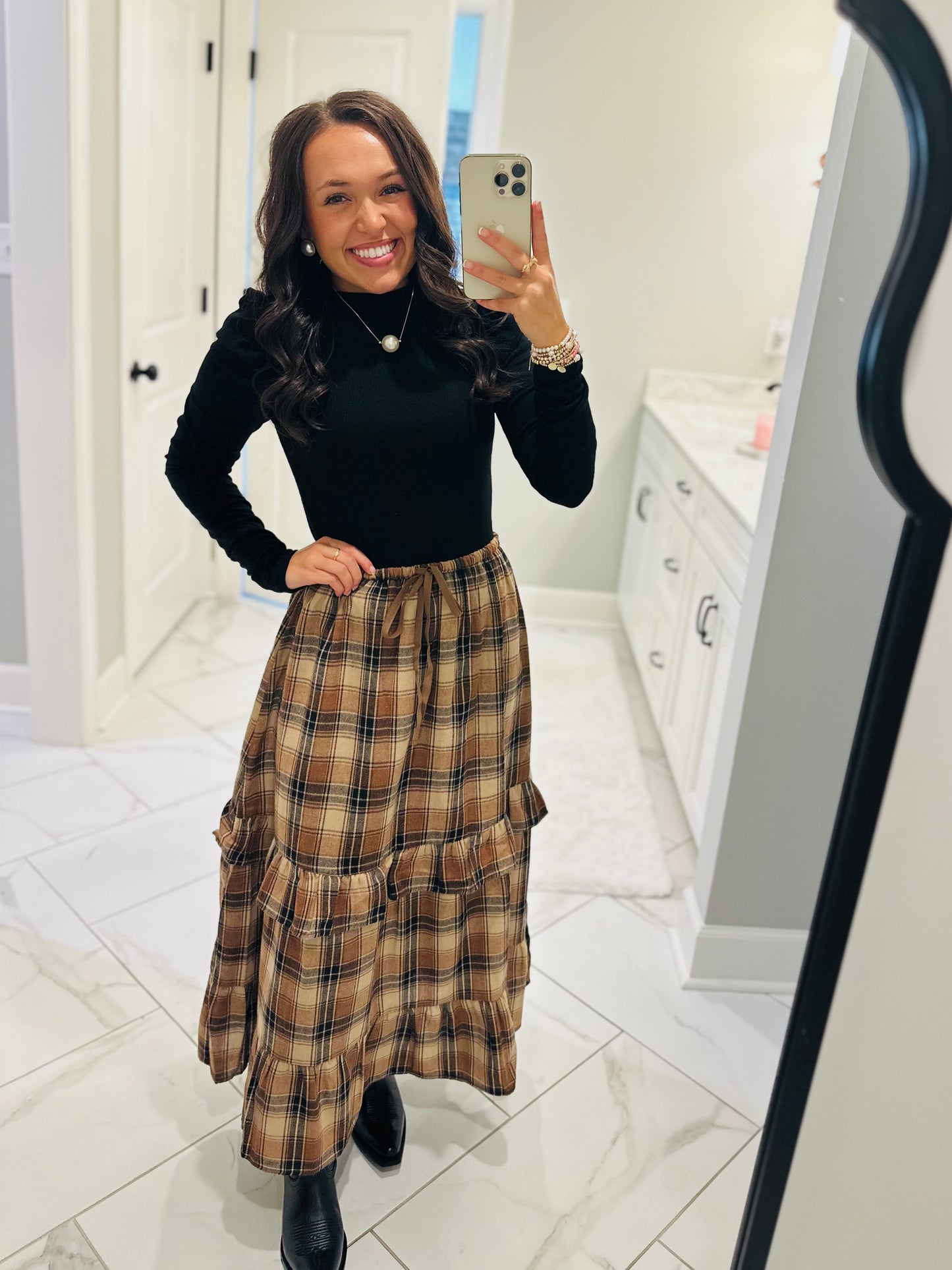 The Raine Mocha Plaid Ruffle Tiered Midi Skirt