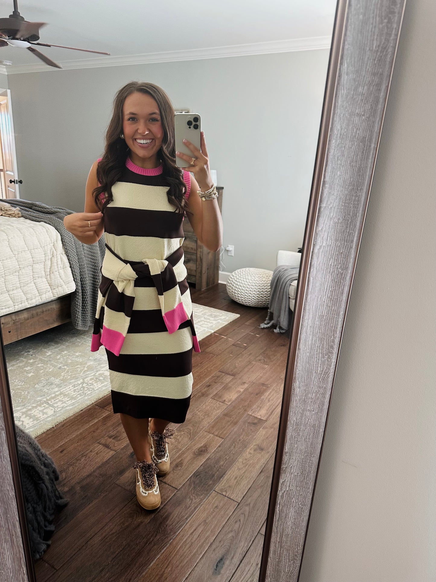 The Everlee Pink + Cream Striped Knit Midi Dress