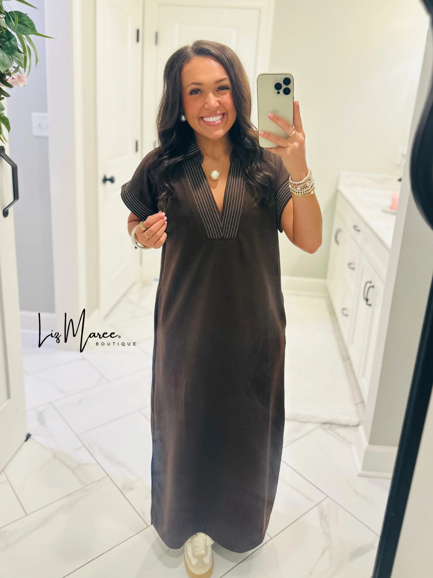 The Parker Brown Collared Stitch Midi Dress