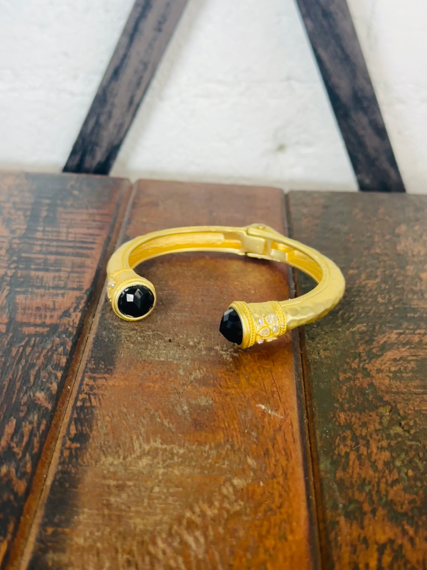 Gold Hammered Black Bead End Cuff Bracelet