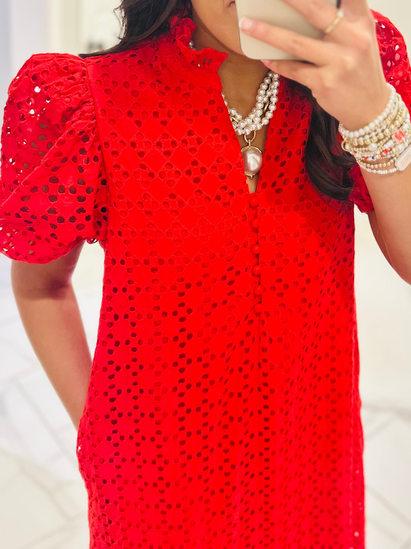 The Liz Red Eyelet Midi Dress