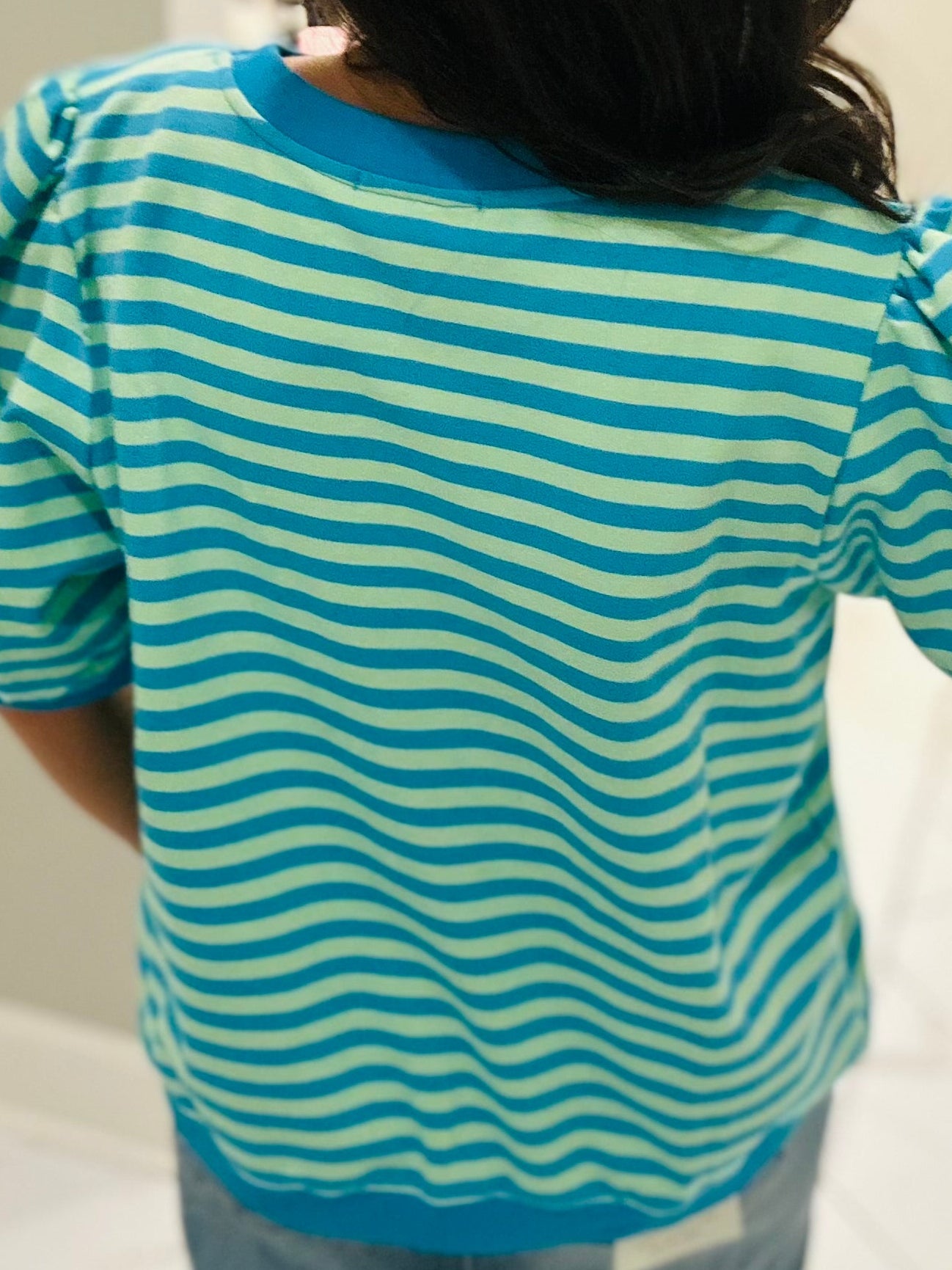The Summer Blue + Lime Green Striped Puff Sleeve Top