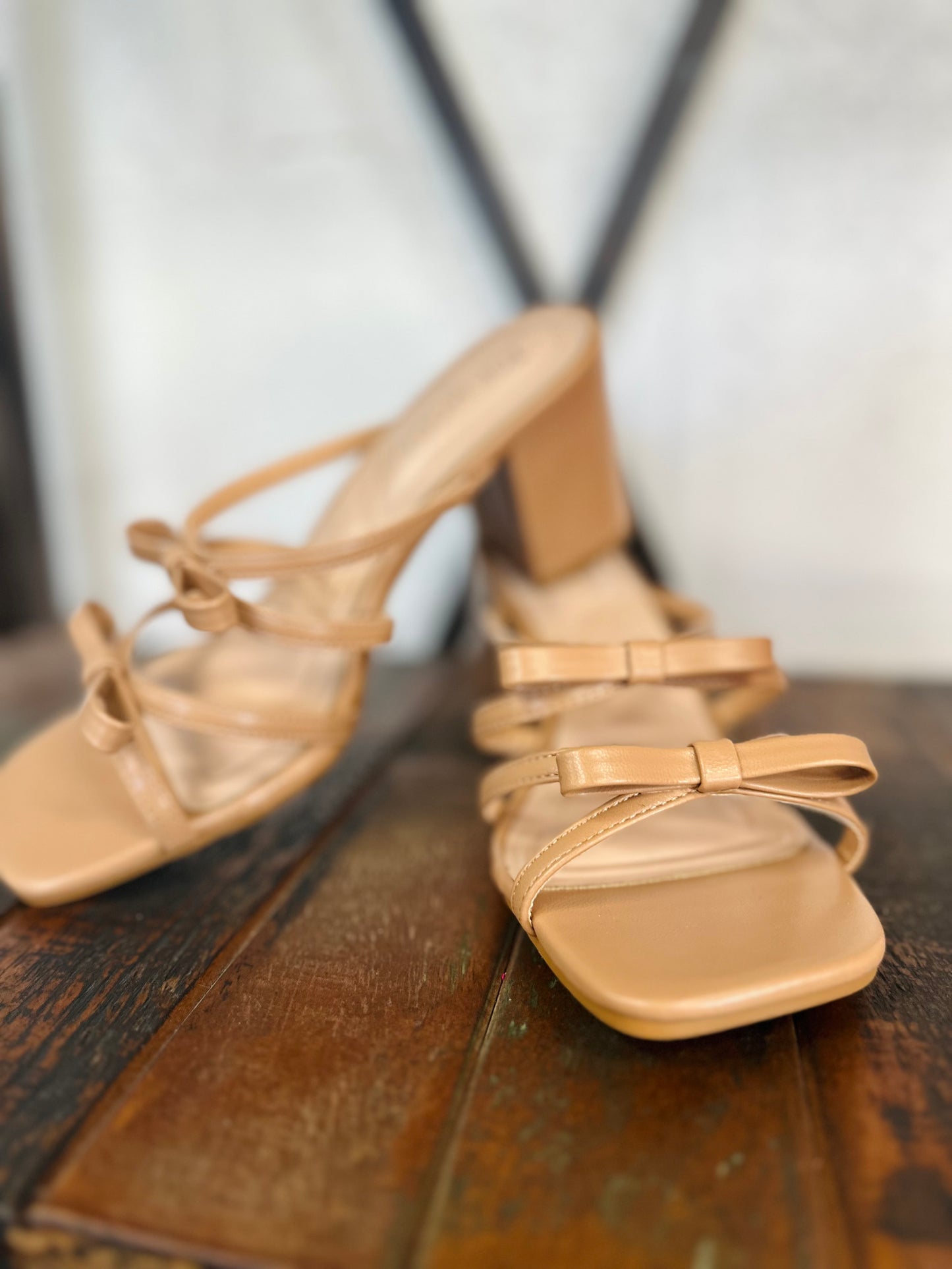 The Mylie Camel Double Bow Heel