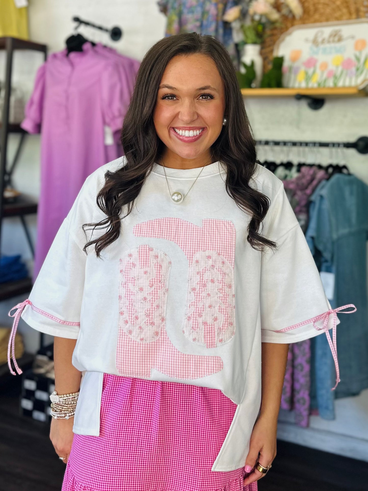 The Paisley Pink Patchwork + Gingham Cowboy Boot Tee