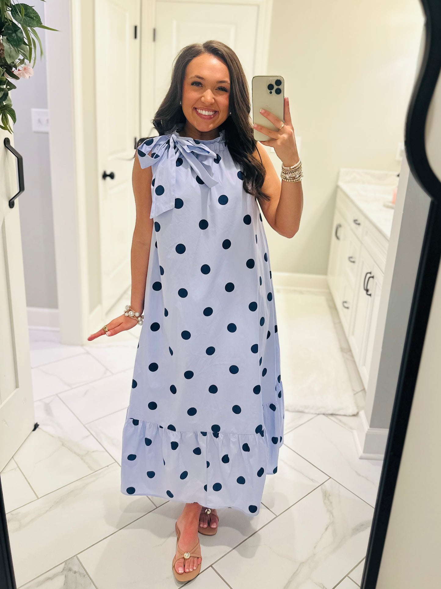 The Leighton Blue Polka Dot Neck Tie Midi Dress