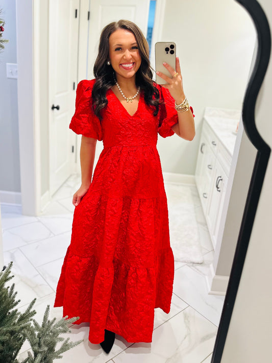 The Aria Red Jacquard Maxi Dress