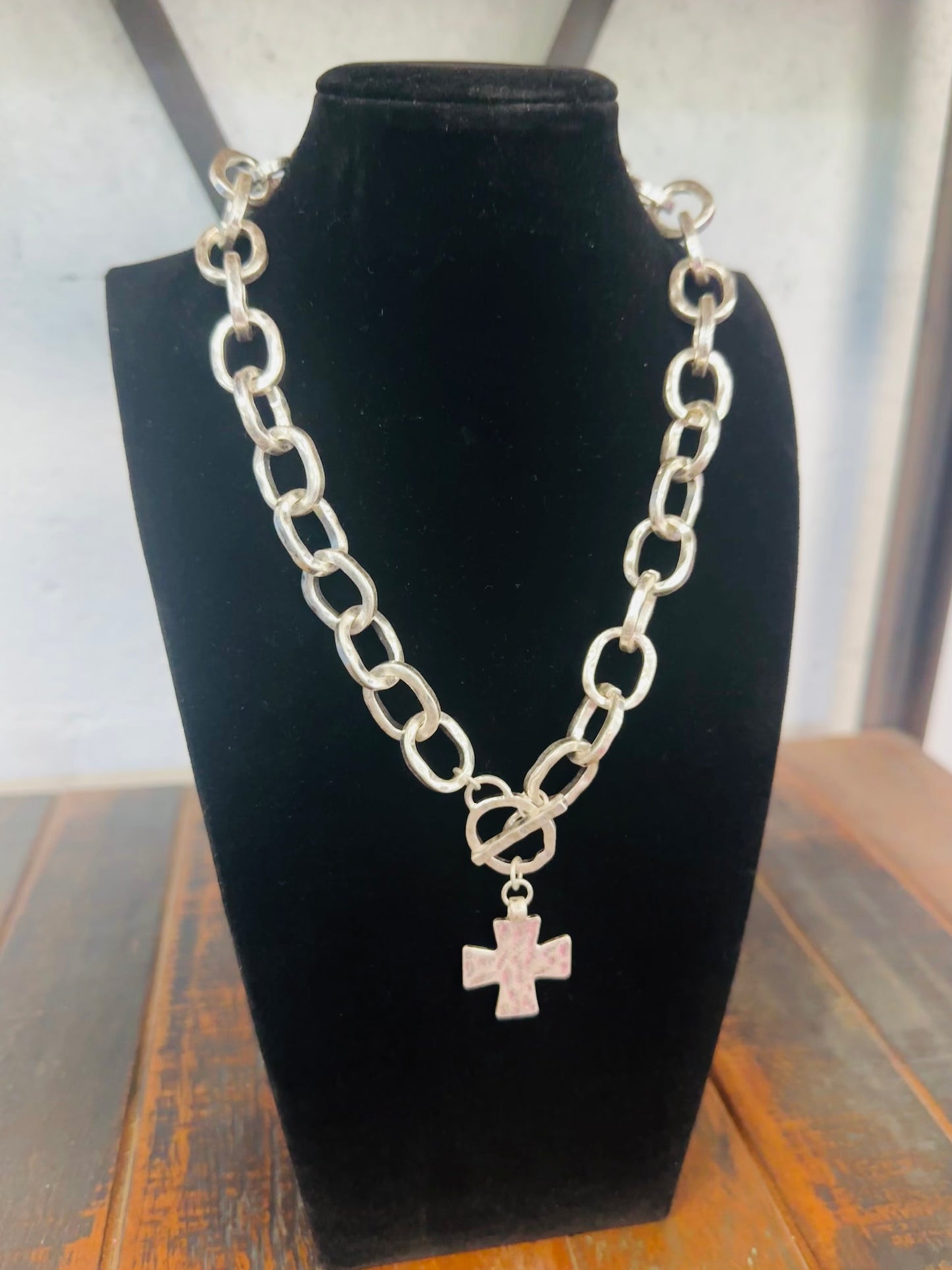 Silver Chunky Chain Hammered Cross Necklace