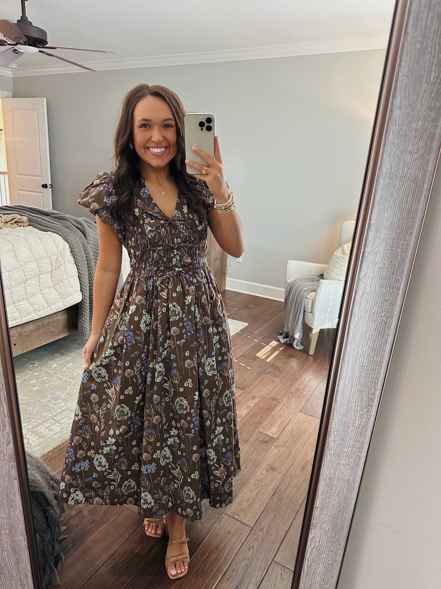 The Stella Brown Floral Bow Front Midi Dress