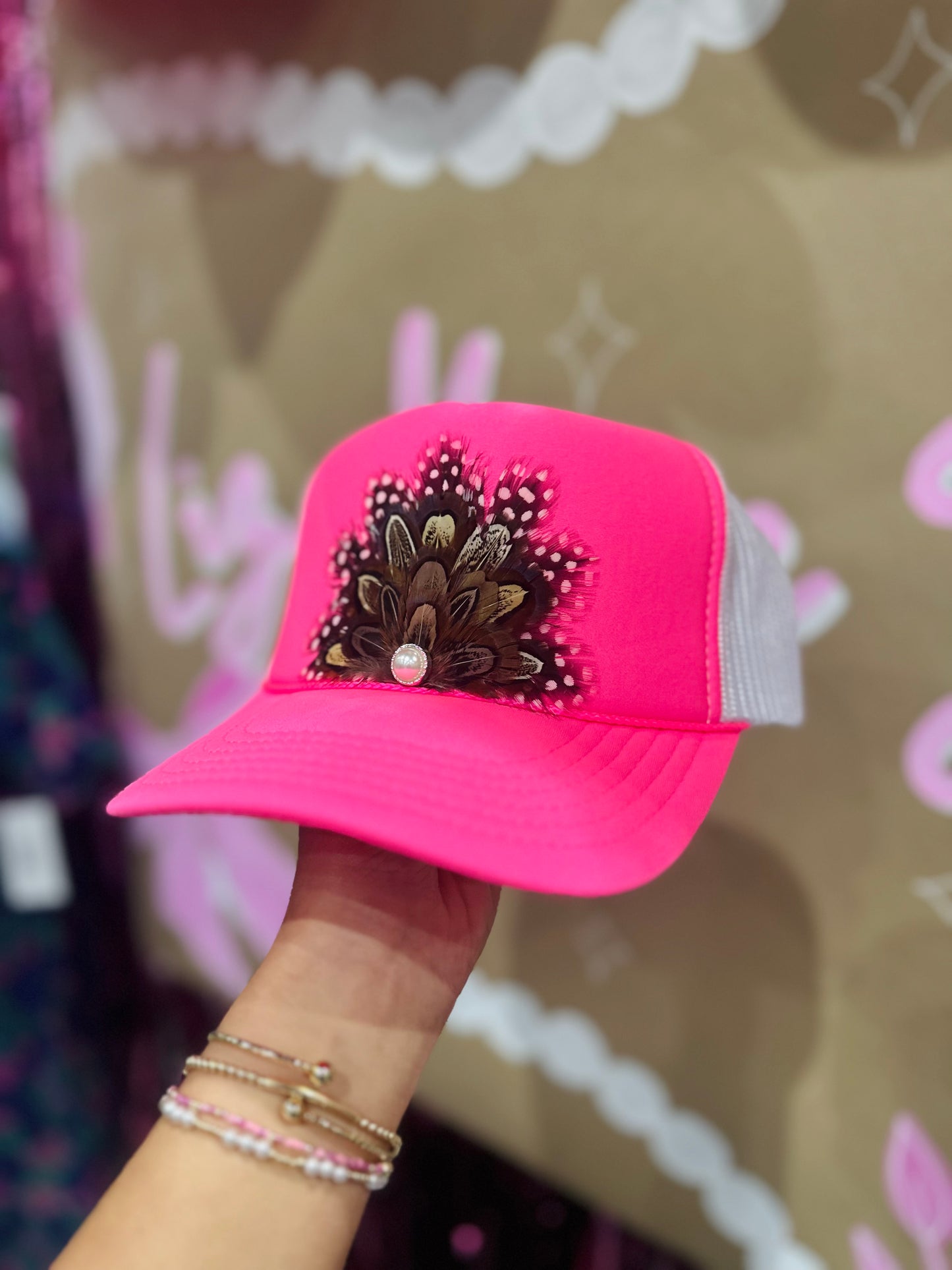 Neon Pink Feather + Pearl Trucker Hat