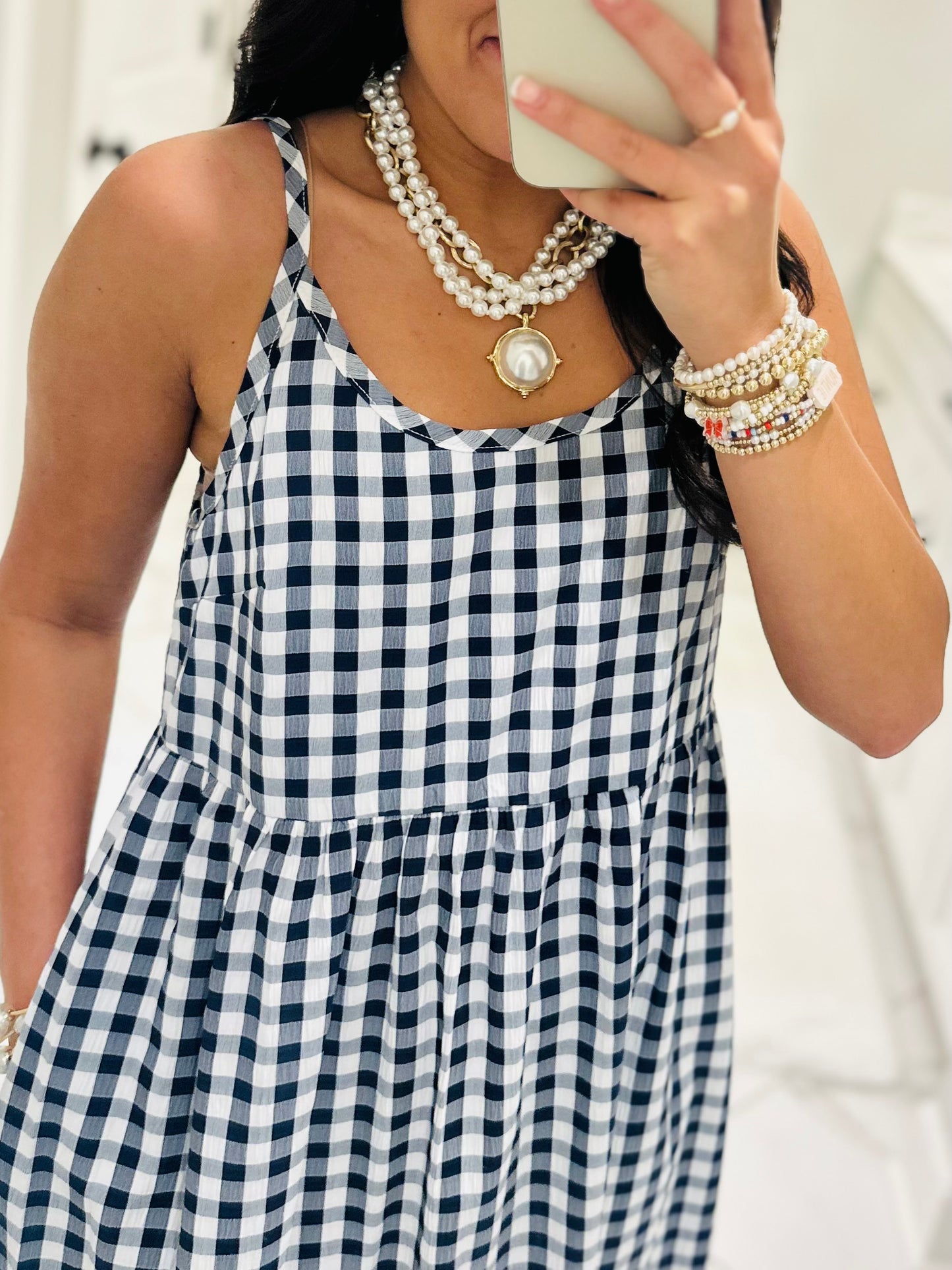 The Chloe Navy Layered Gingham Midi Dress