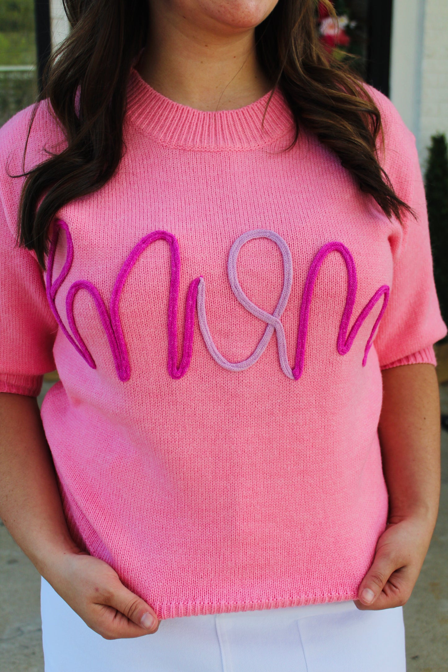 Pink Mom Tinsel Embroidered Sweater