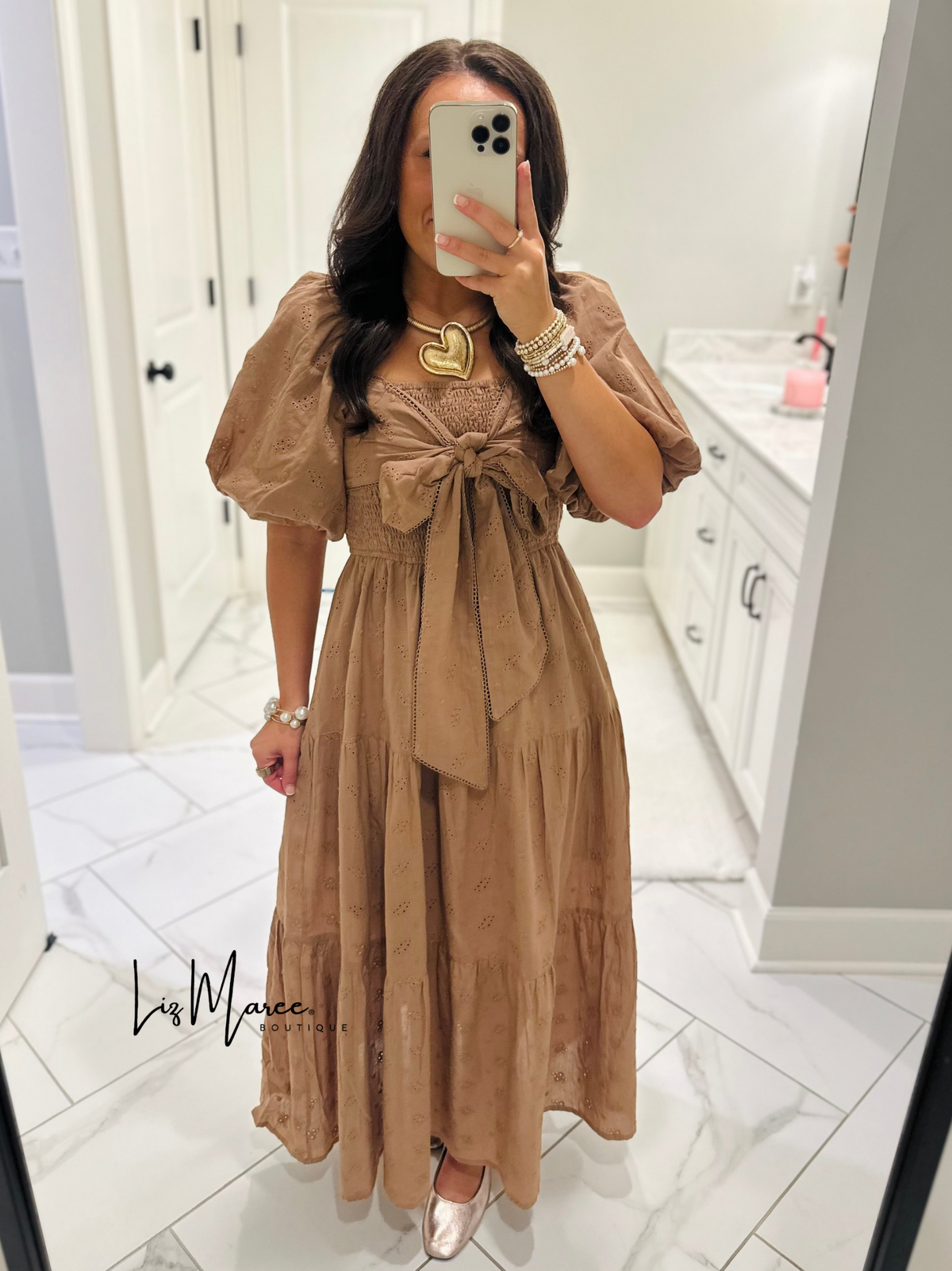 The Isabelle Light Brown Eyelet Bow Midi Dress