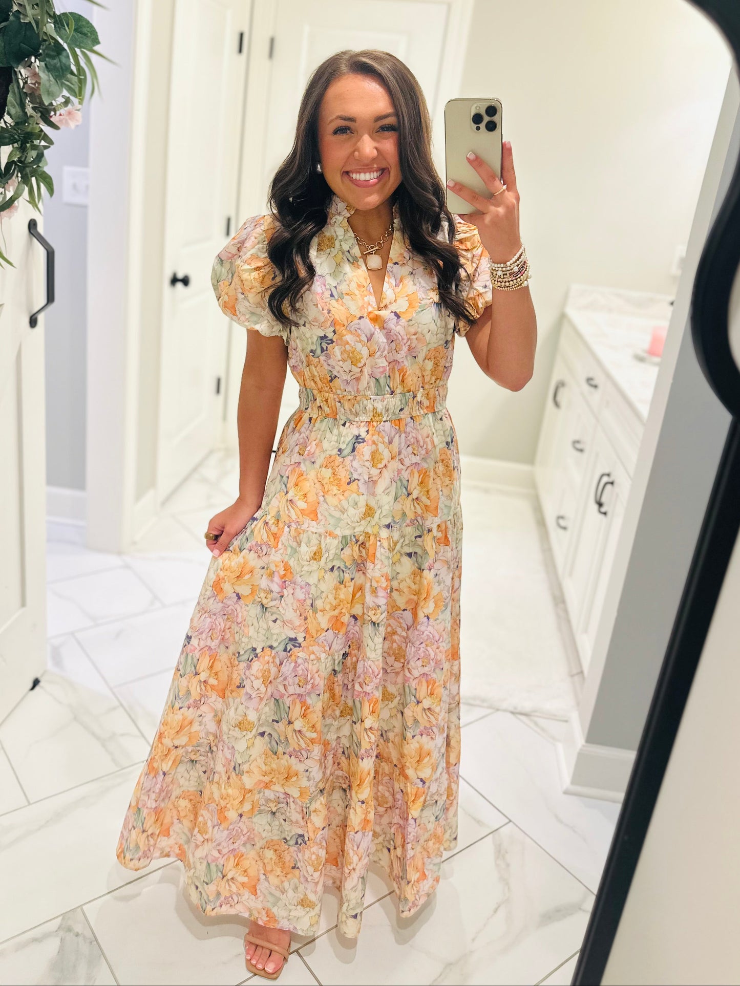 The Elizabeth Lavender + Orange Multicolor Floral Midi Dress