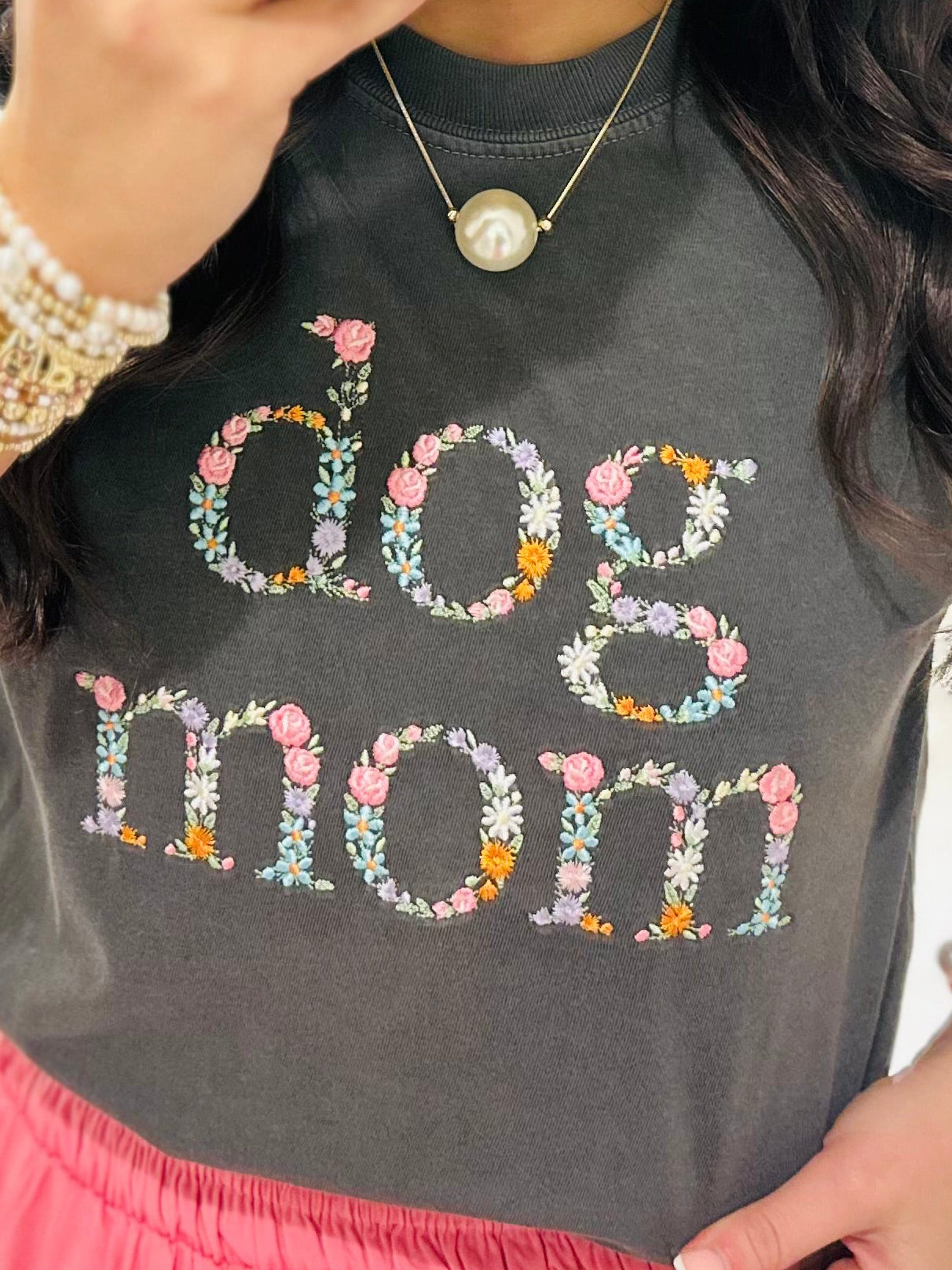 The Floral Dog Mom Embroidered Tee