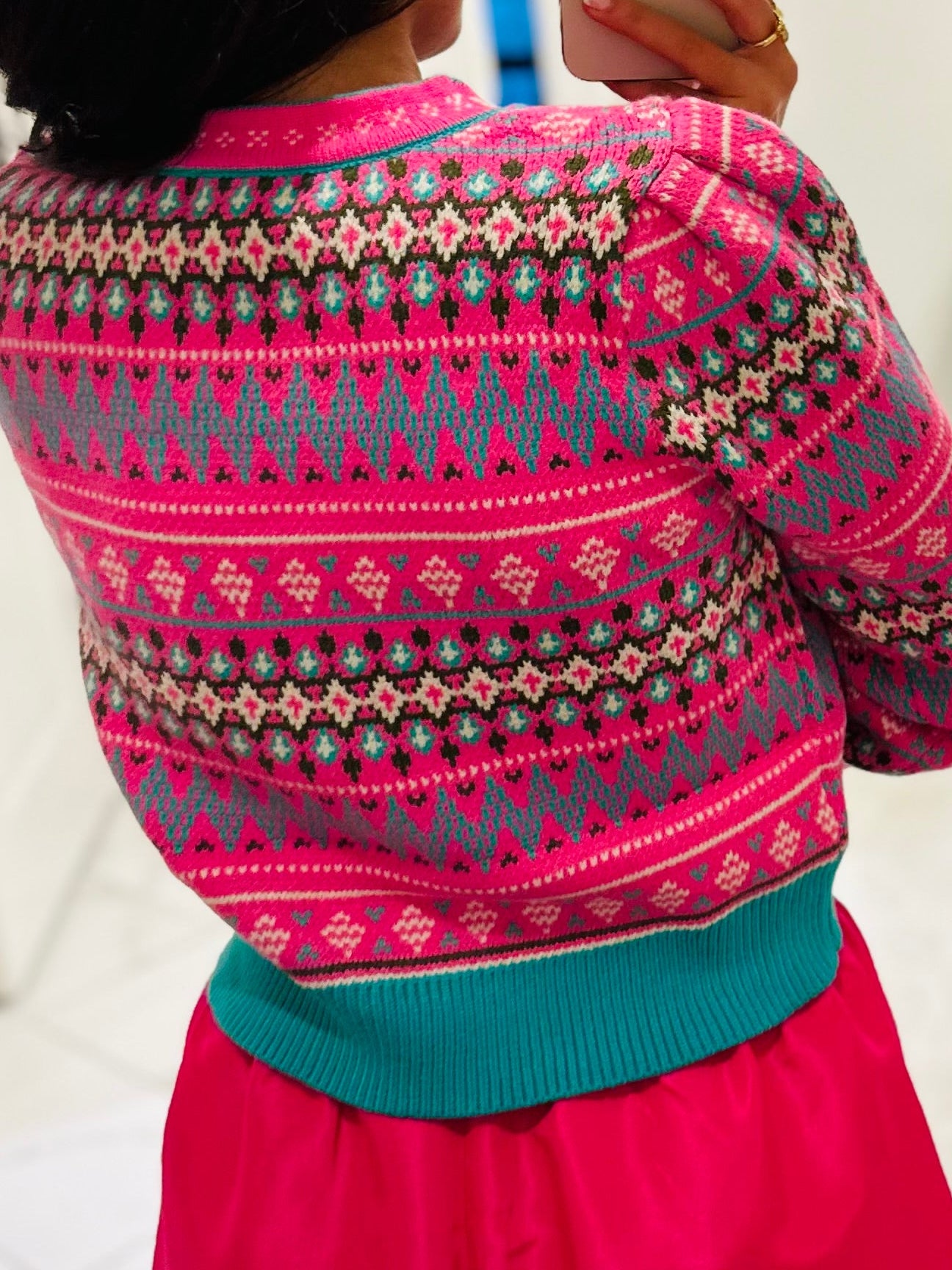 The Alya Hot Pink Fair Isle Print Cropped Sweater