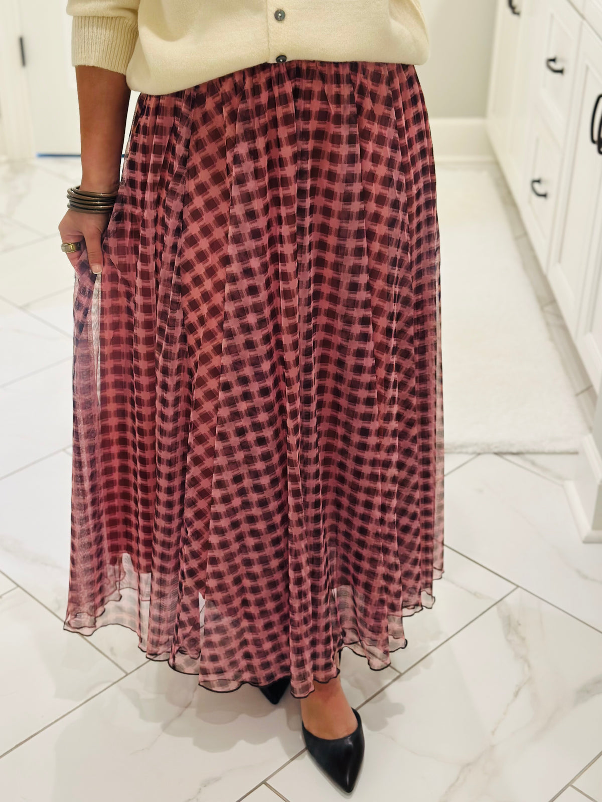 The Ada Pink + Brown Gingham Maxi Skirt