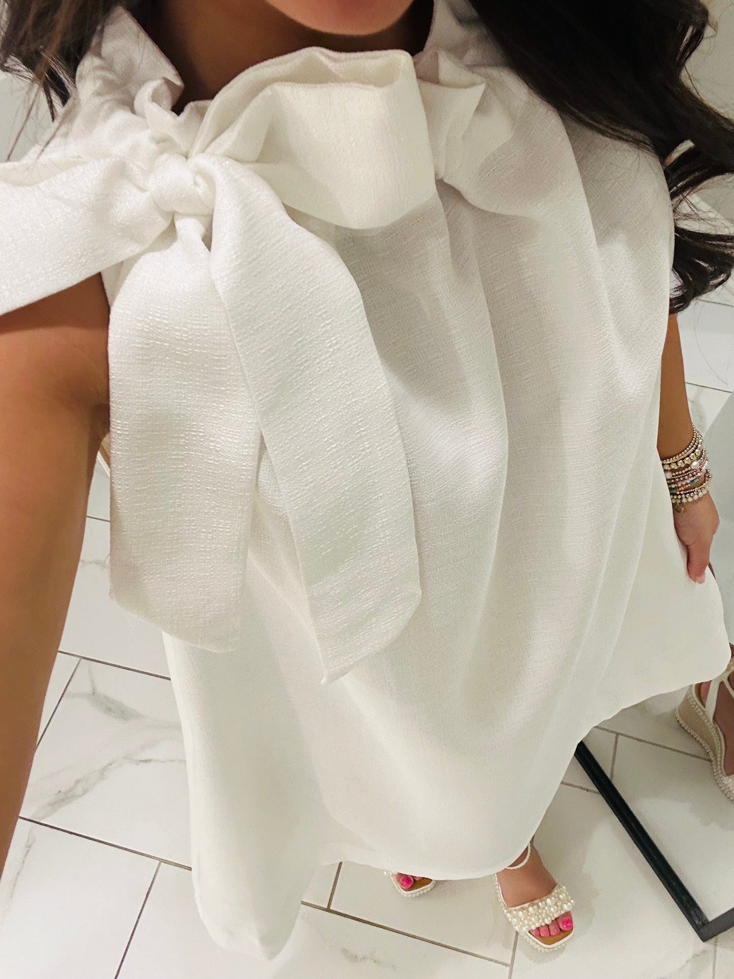 The Elizabeth White Tie Neck Shift Dress