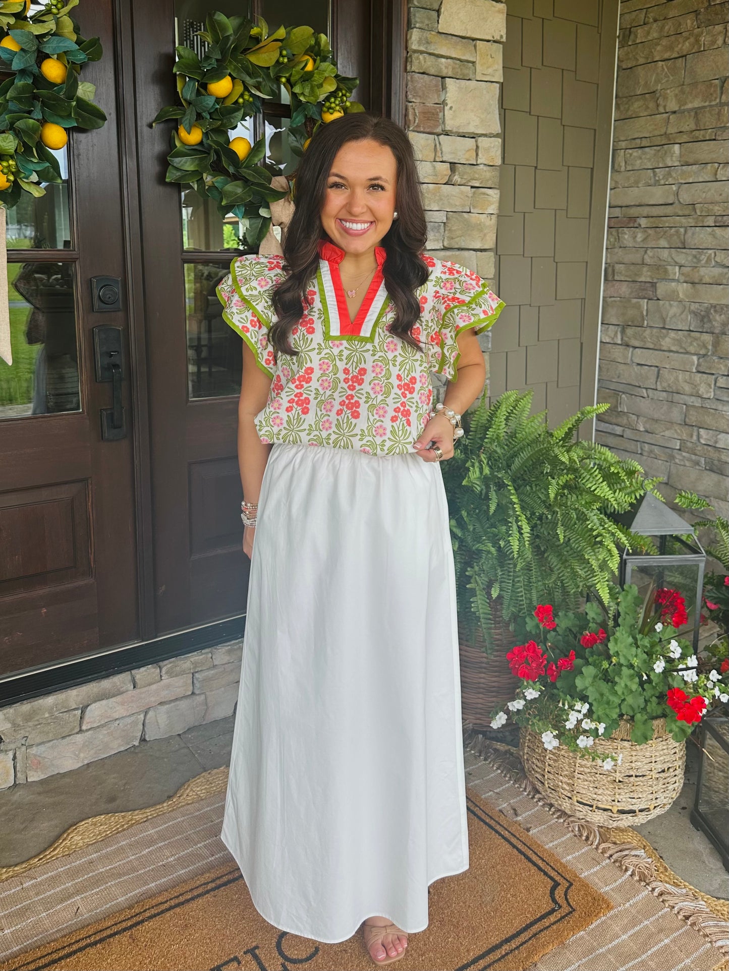 The Cora Green + Coral Floral Top