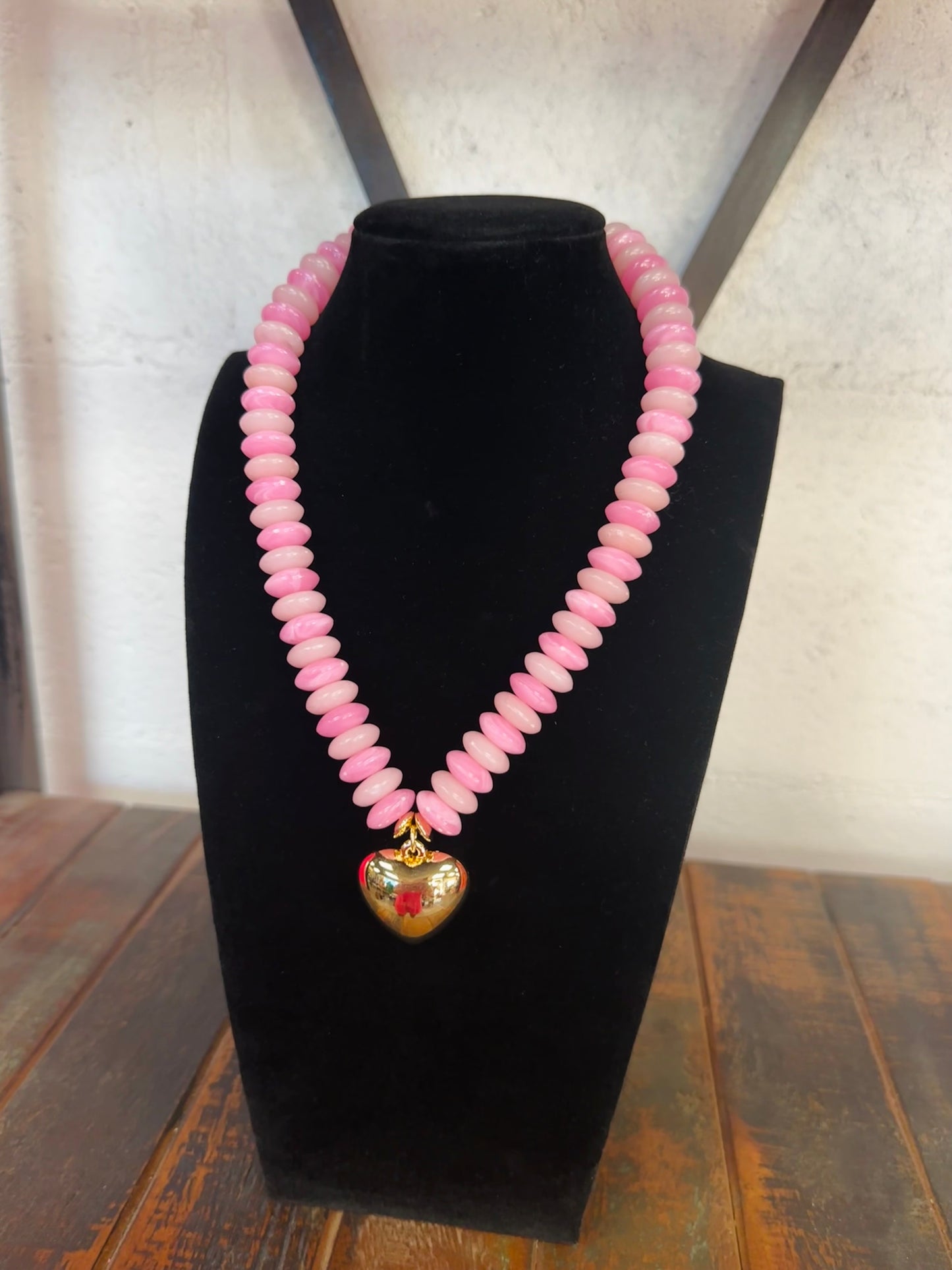 Pink + Gold Wide Bead Puffy Heart Necklace