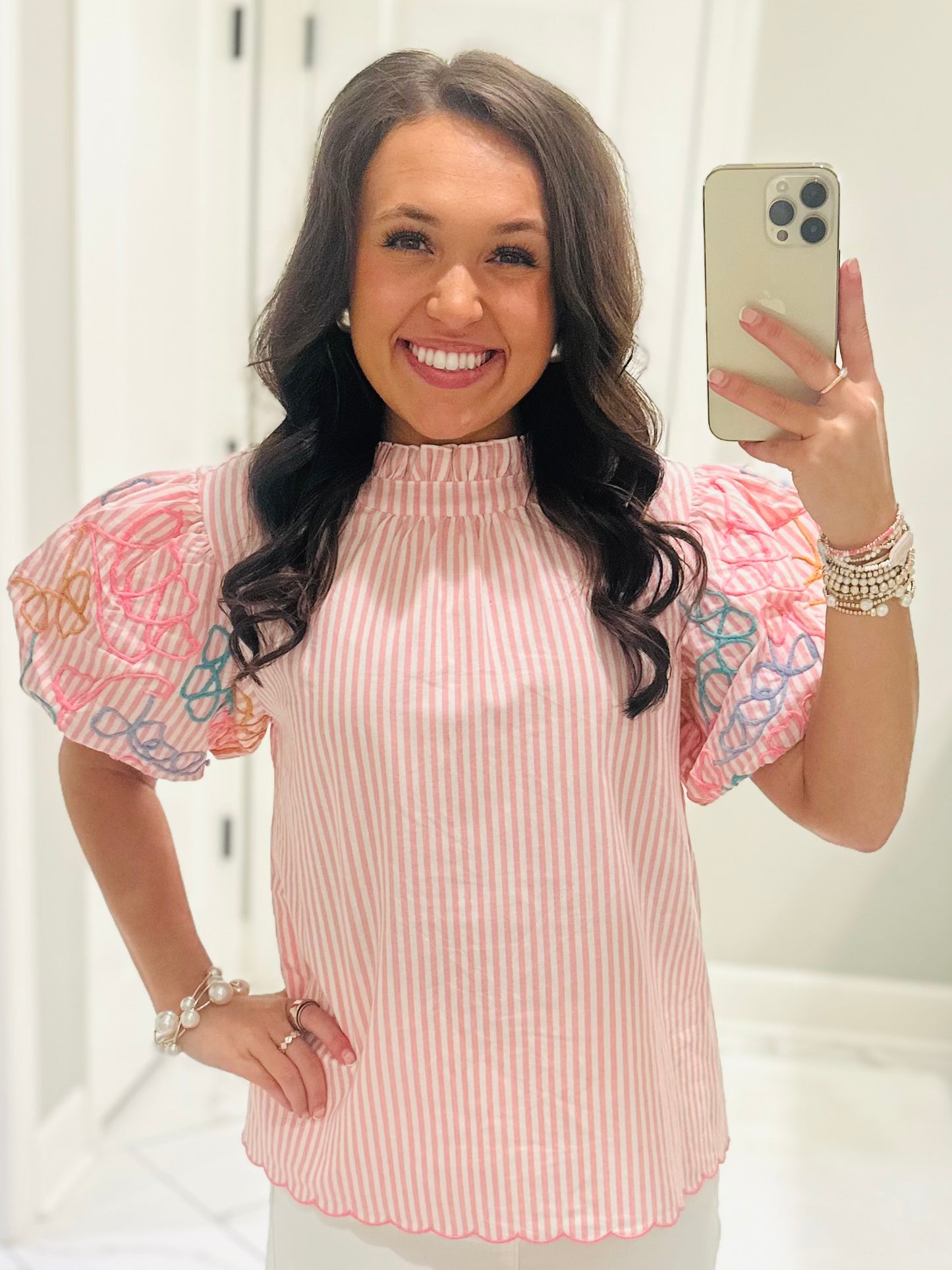 The Madi Rose Pink Striped Bubble Sleeve Top