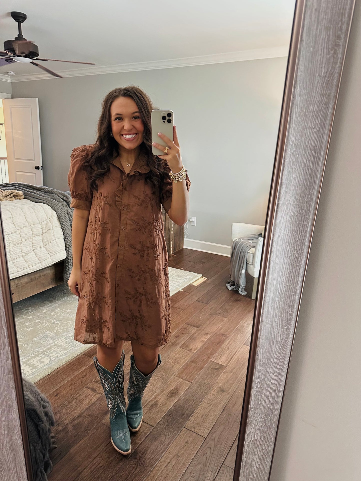The Taylor Mocha Brown Floral Appliqué Dress
